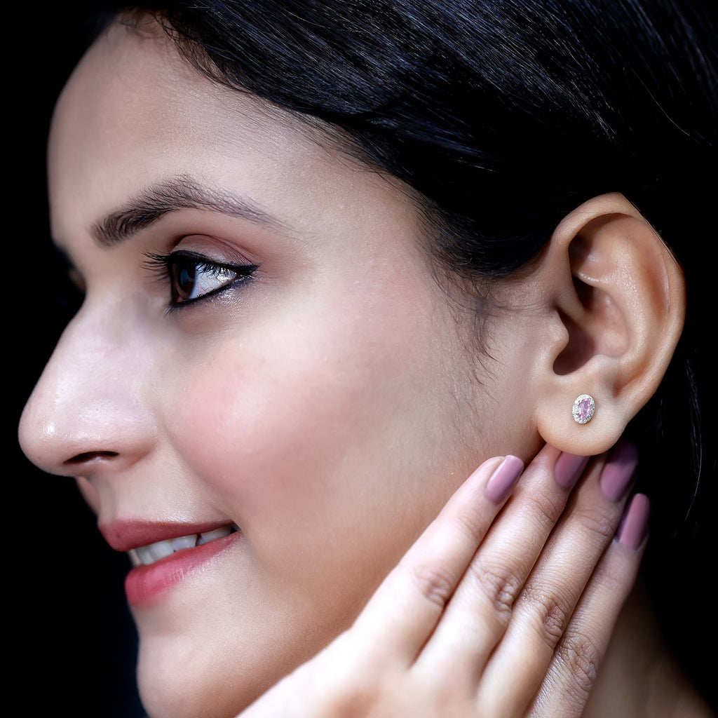 Natural Pink Sapphire Stud Earrings With Diamonds