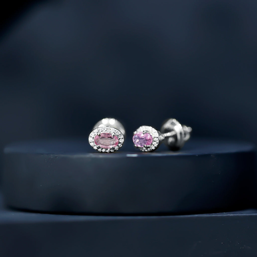 Natural Pink Sapphire Stud Earrings With Diamonds