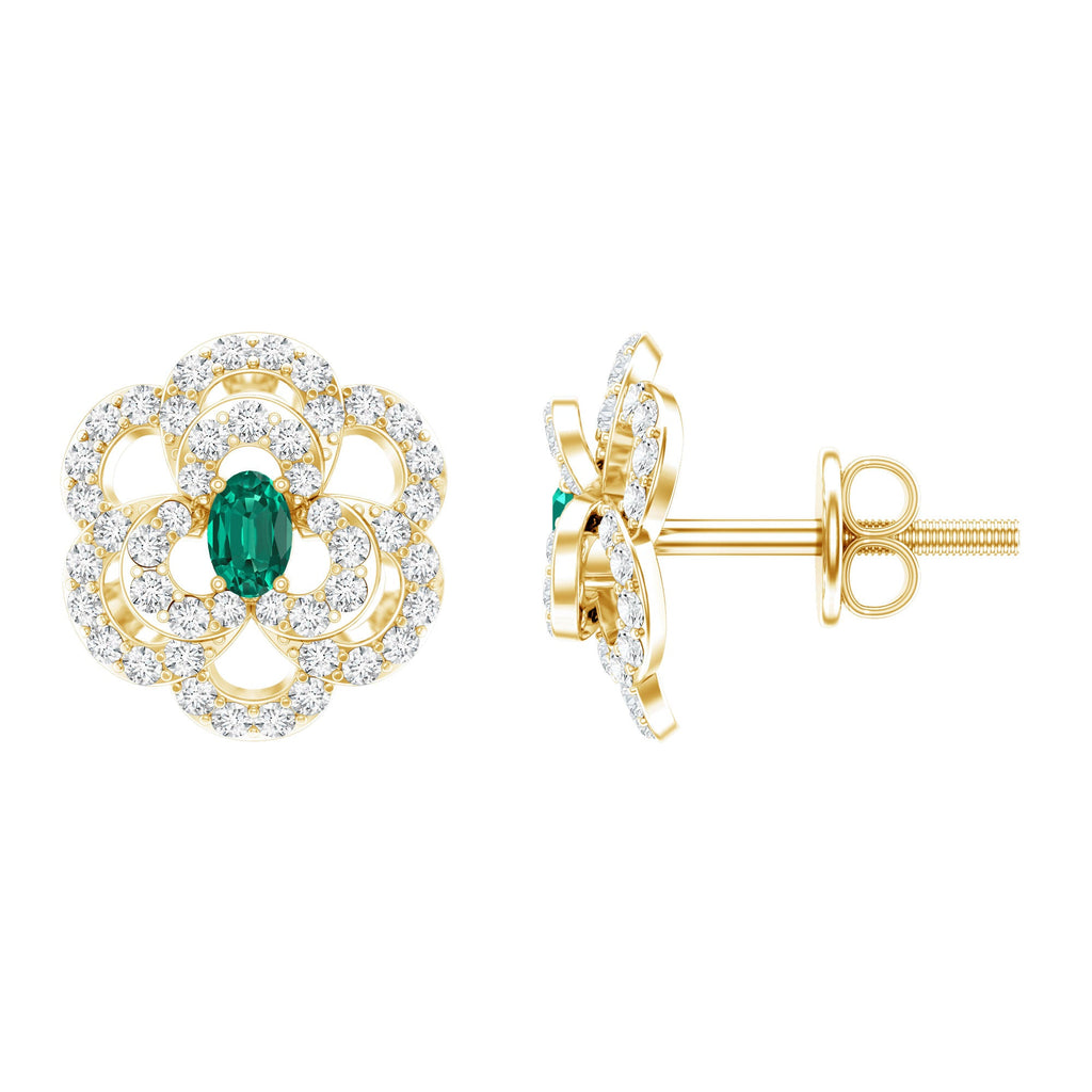 Pendientes de oro amarillo chapados en plata con esmeraldas creadas en laboratorio y diamantes en forma de flor para mujer