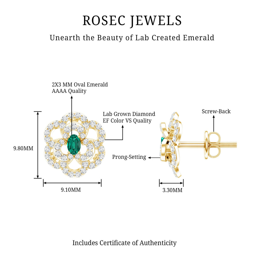 Pendientes de oro amarillo chapados en plata con esmeraldas creadas en laboratorio y diamantes en forma de flor para mujer