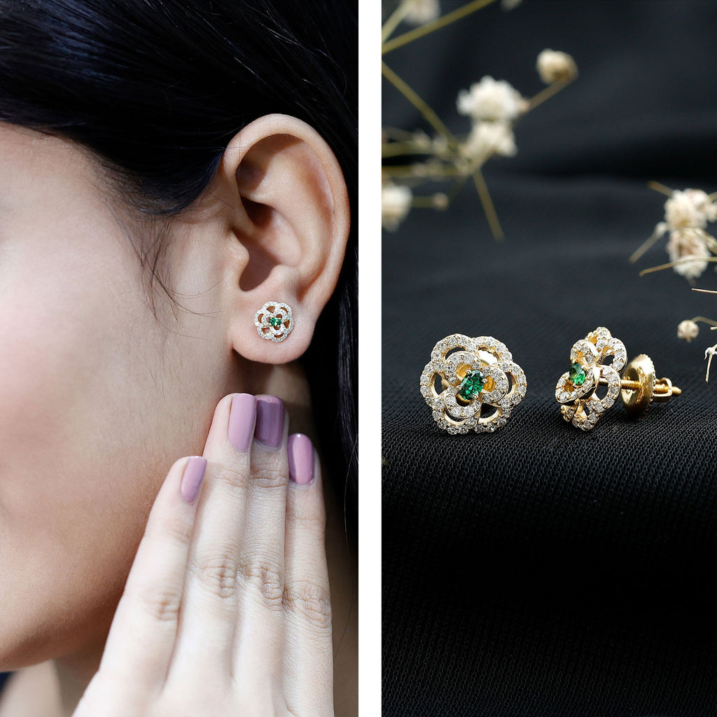Pendientes de oro amarillo chapados en plata con esmeraldas creadas en laboratorio y diamantes en forma de flor para mujer