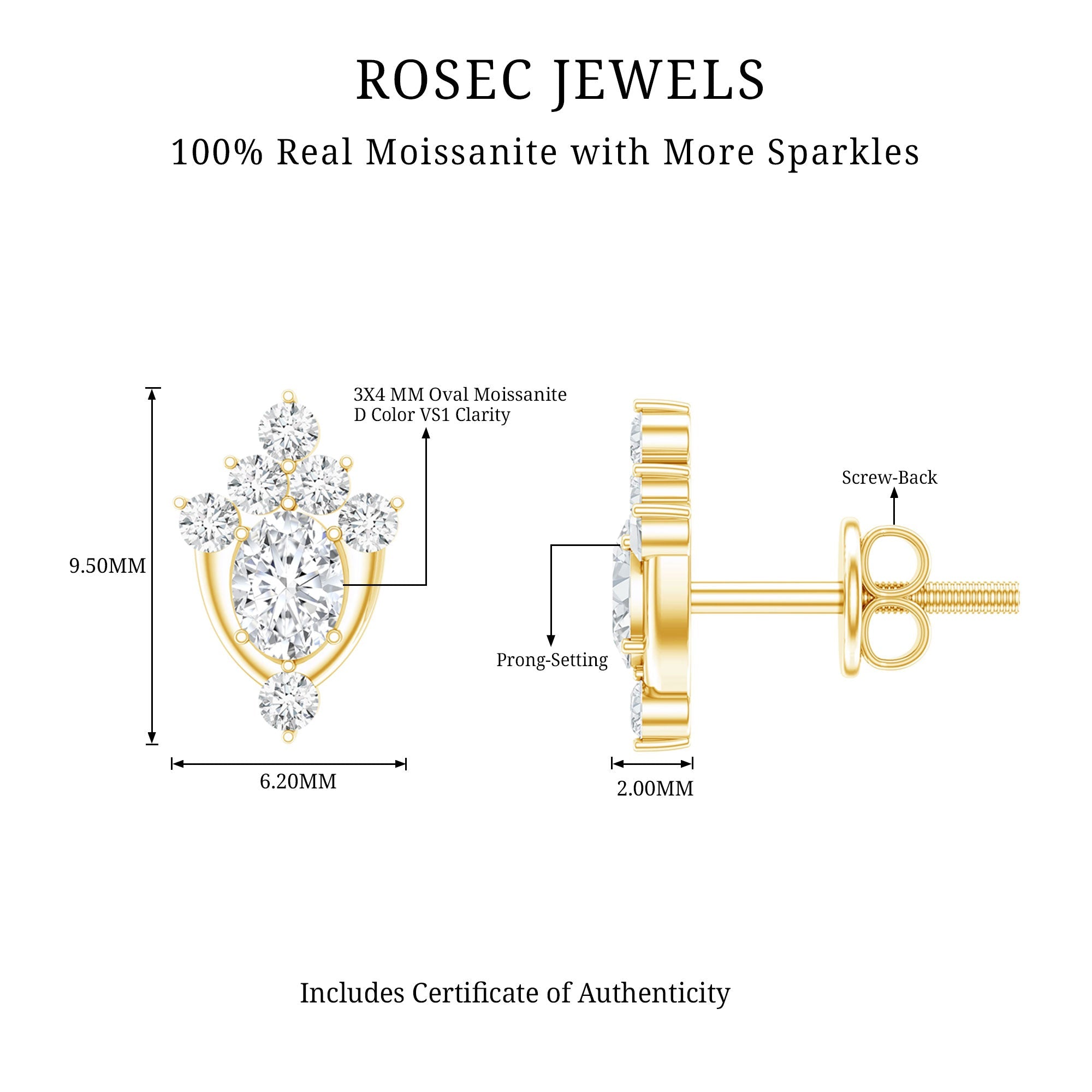 Certified Moissanite Stud Earrings in Yellow Gold Plated Silver