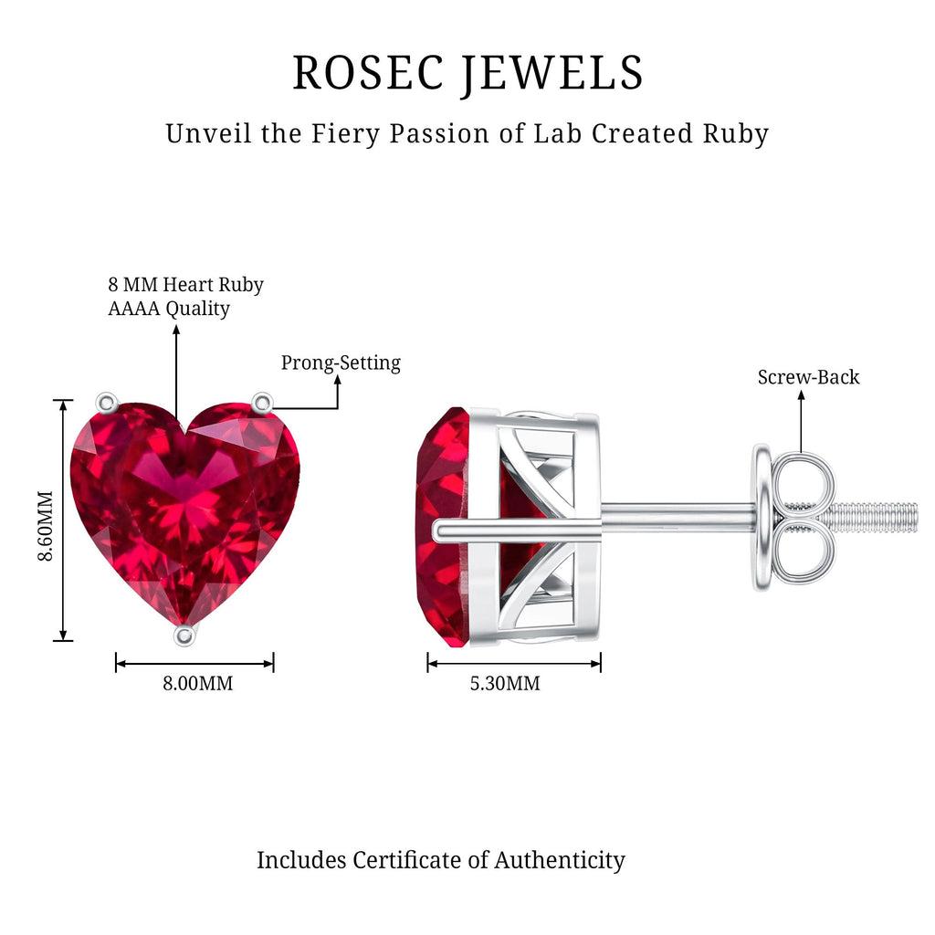 Silver Lab Grown Ruby Heart Stud Earrings with Screw Back