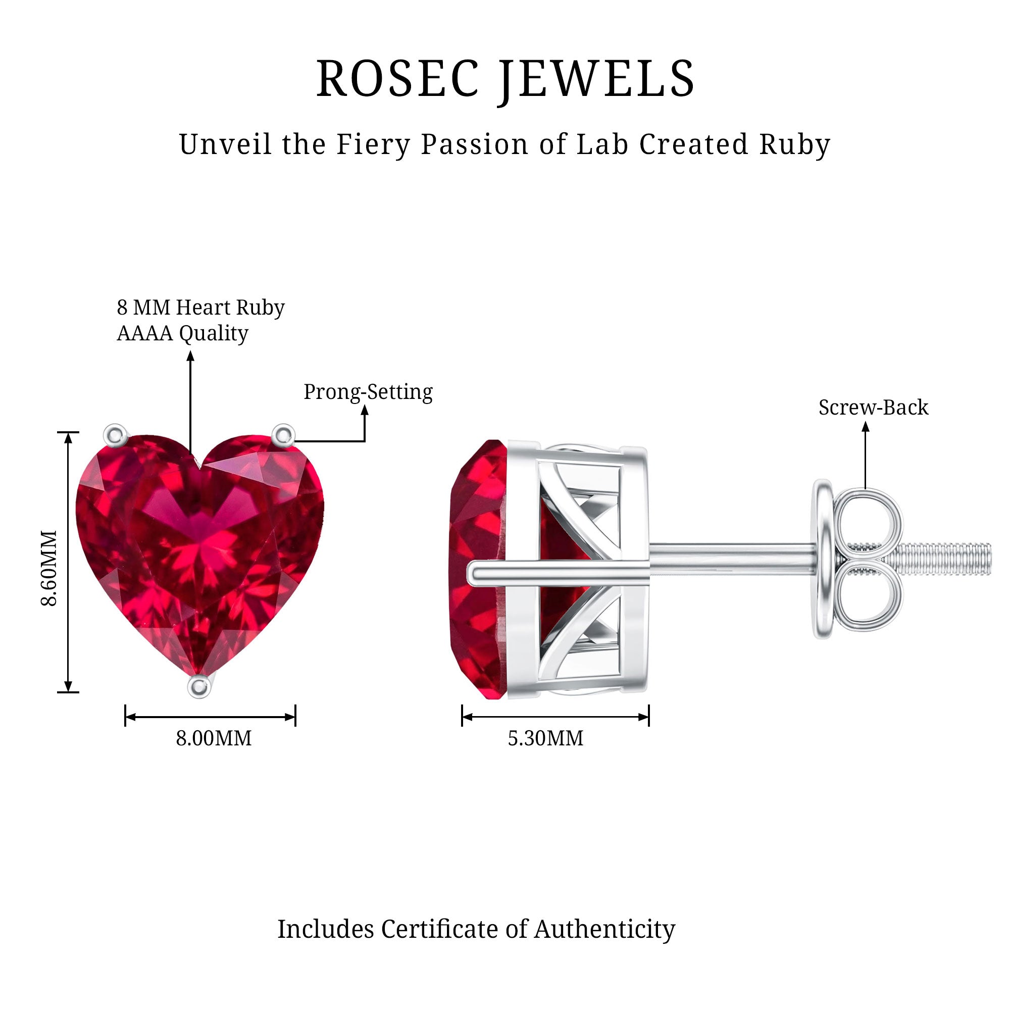Silver Lab Grown Ruby Heart Stud Earrings with Screw Back