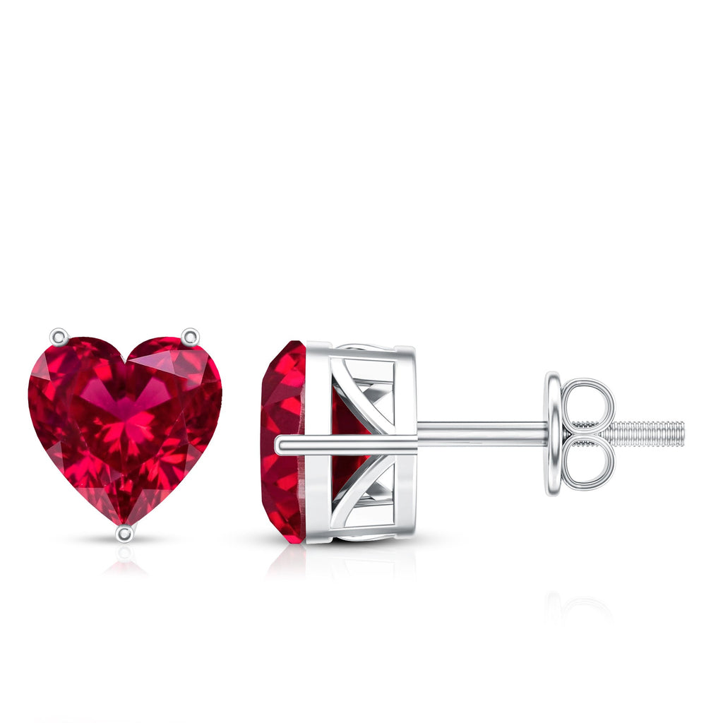 Silver Lab Grown Ruby Heart Stud Earrings with Screw Back