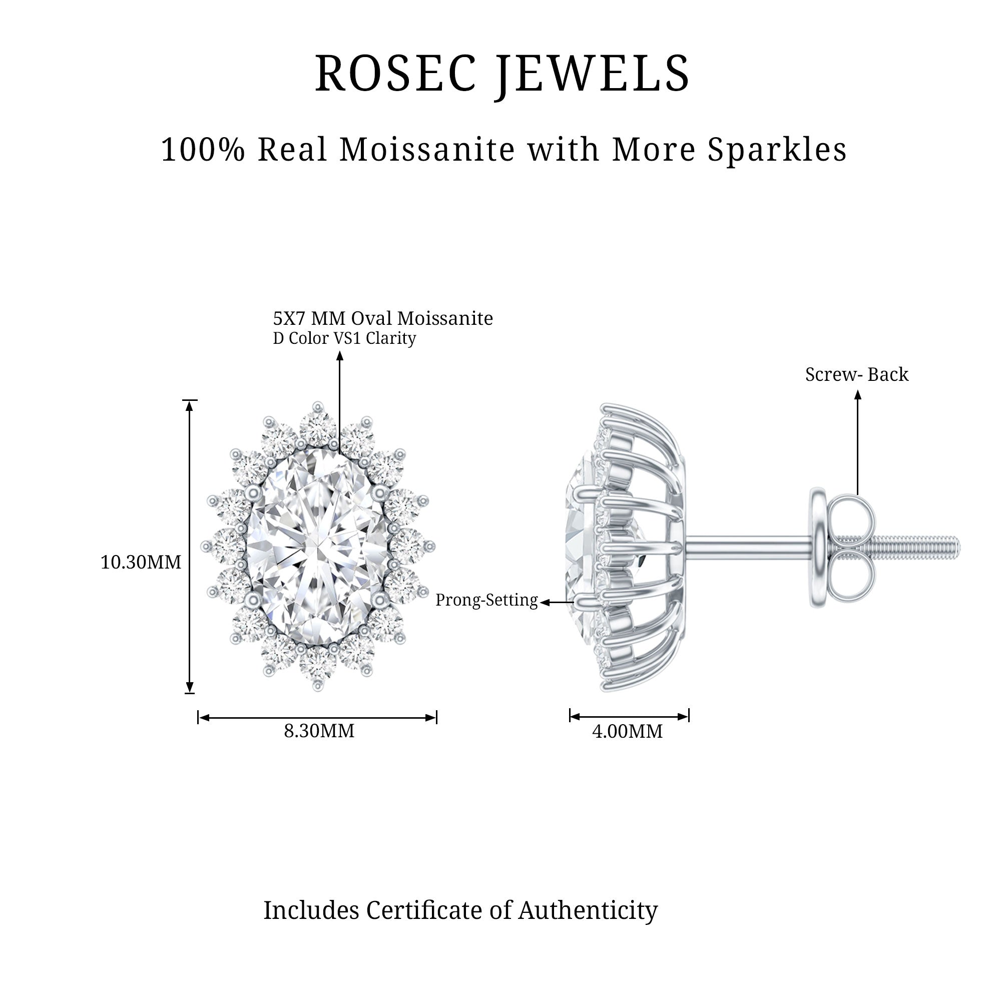 2 Carat Oval Moissanite Halo Stud Earrings In Sterling Silver