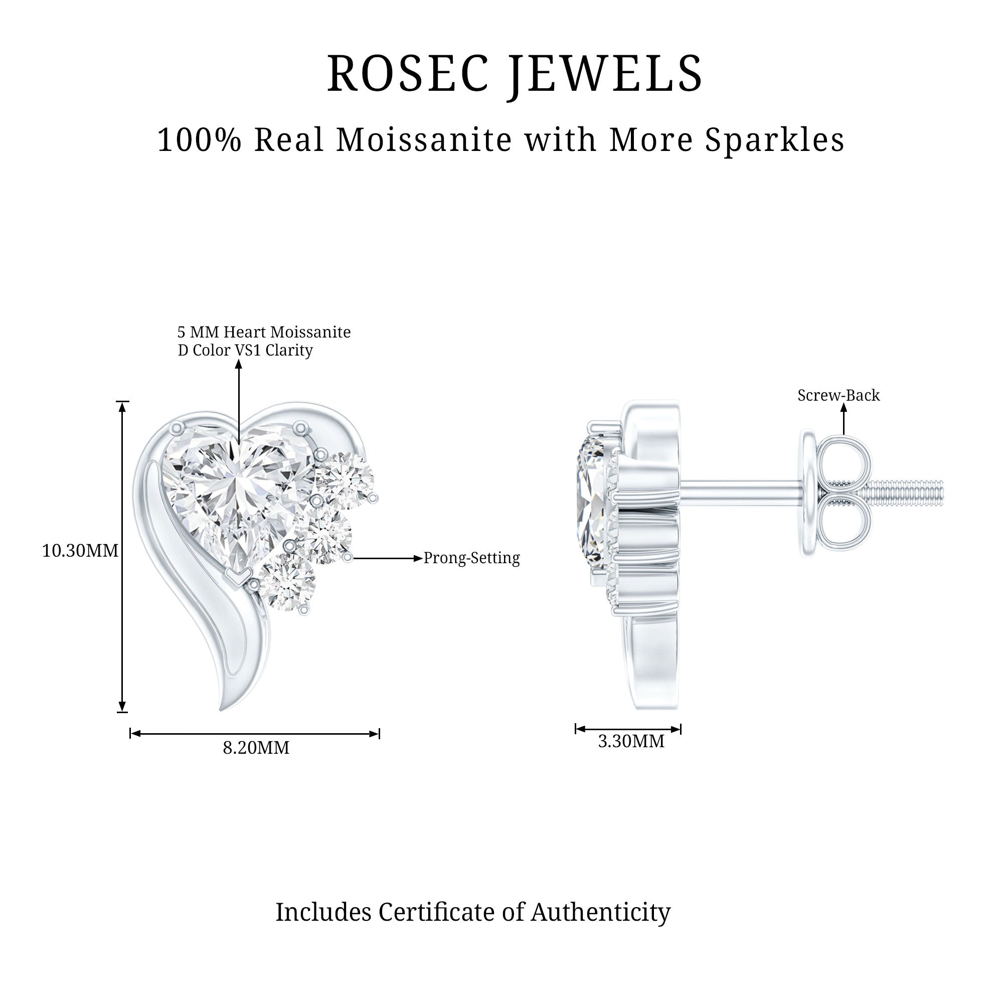 1 Carat Moissanite Heart Stud Earrings in Sterling Silver
