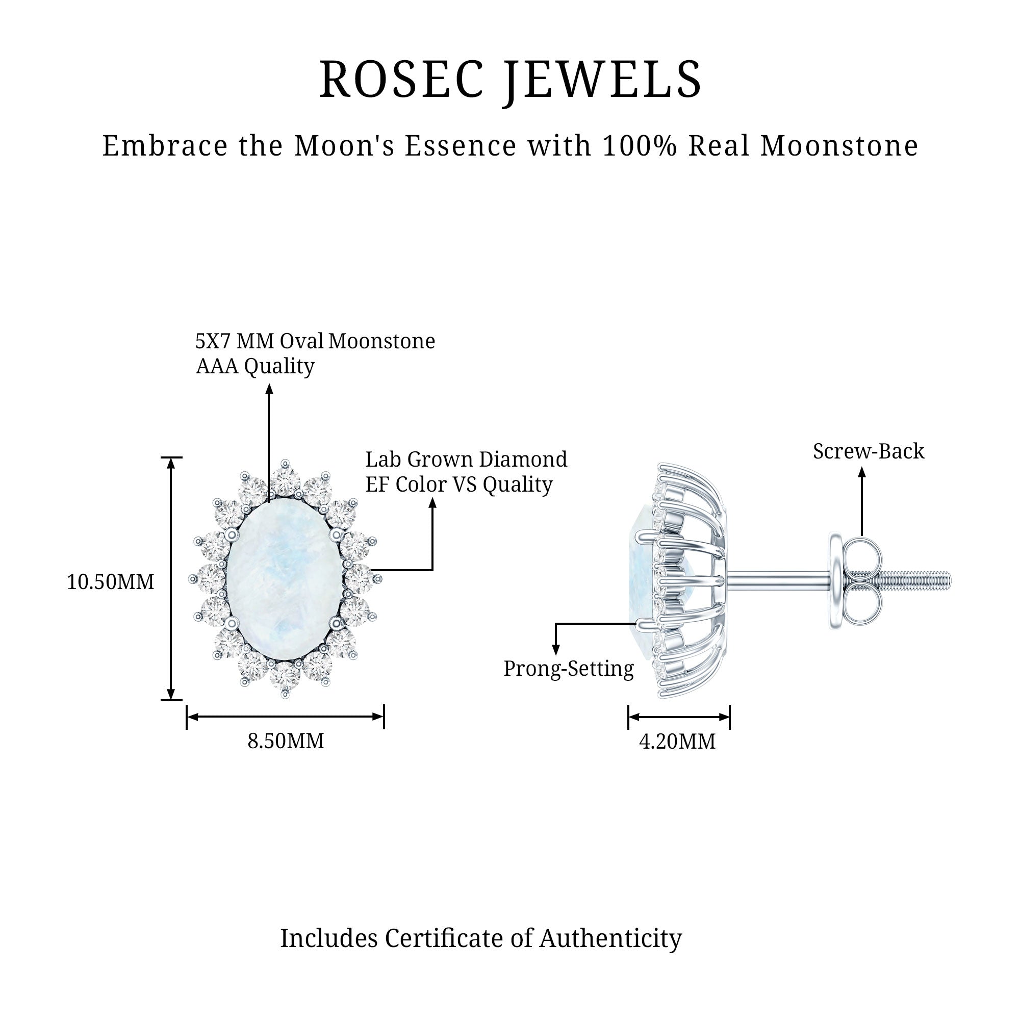Genuine 2 Carat Moonstone and Diamond Halo Stud Earrings