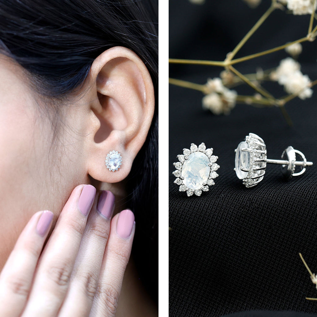 Genuine 2 Carat Moonstone and Diamond Halo Stud Earrings