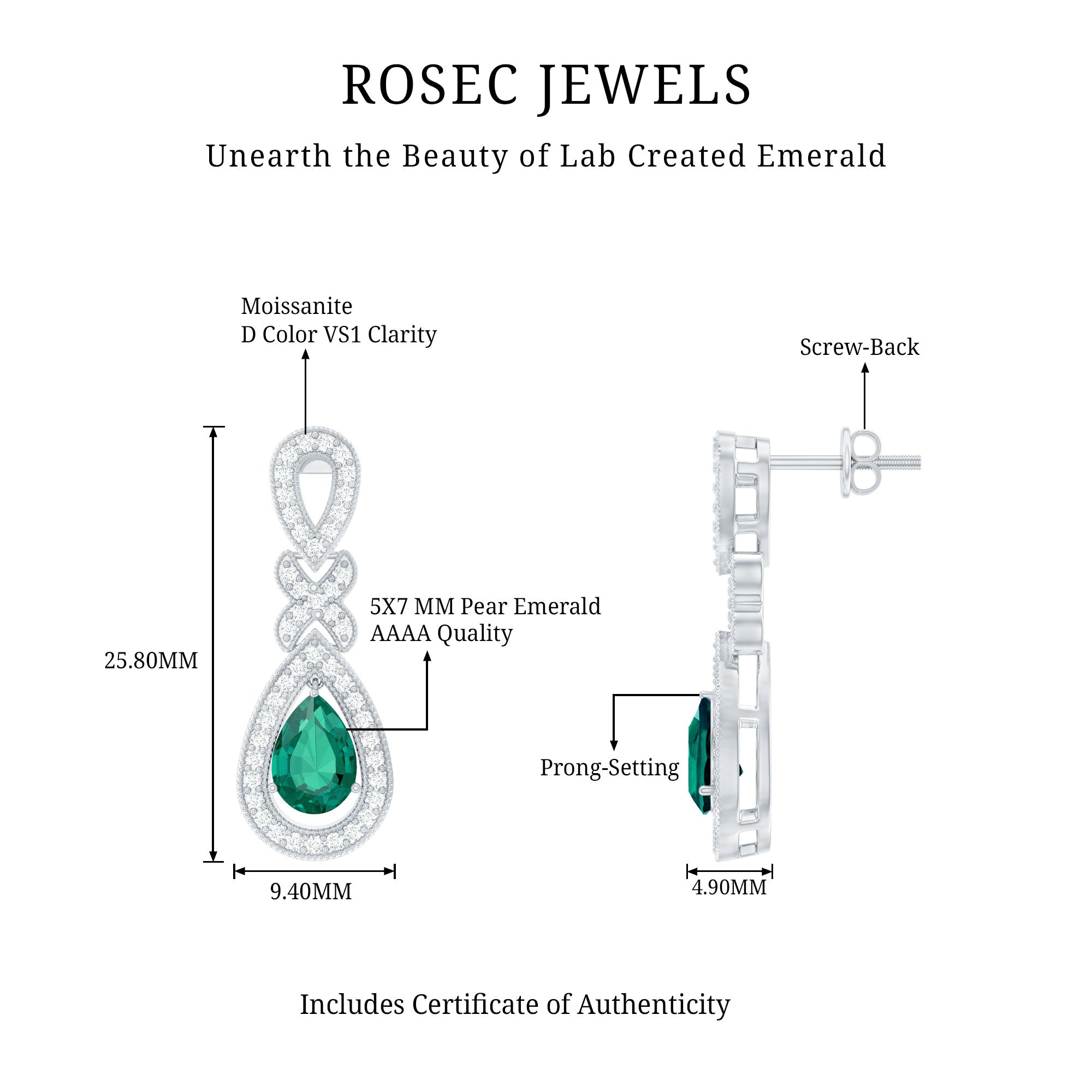 Silver Lab Grown Emerald Wedding Dangle Earrings With Certificate