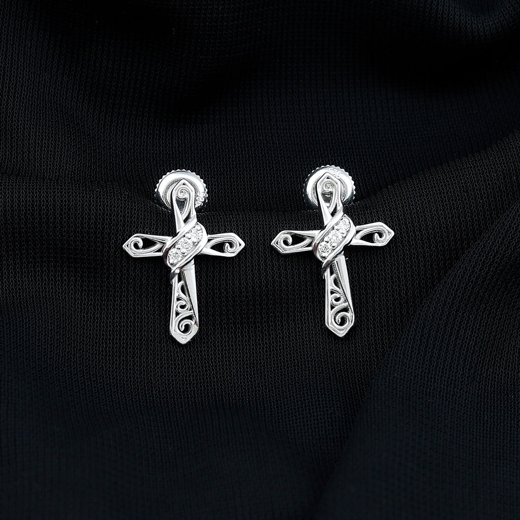 Certified Moissanite Vintage Cross Stud Earrings in Silver