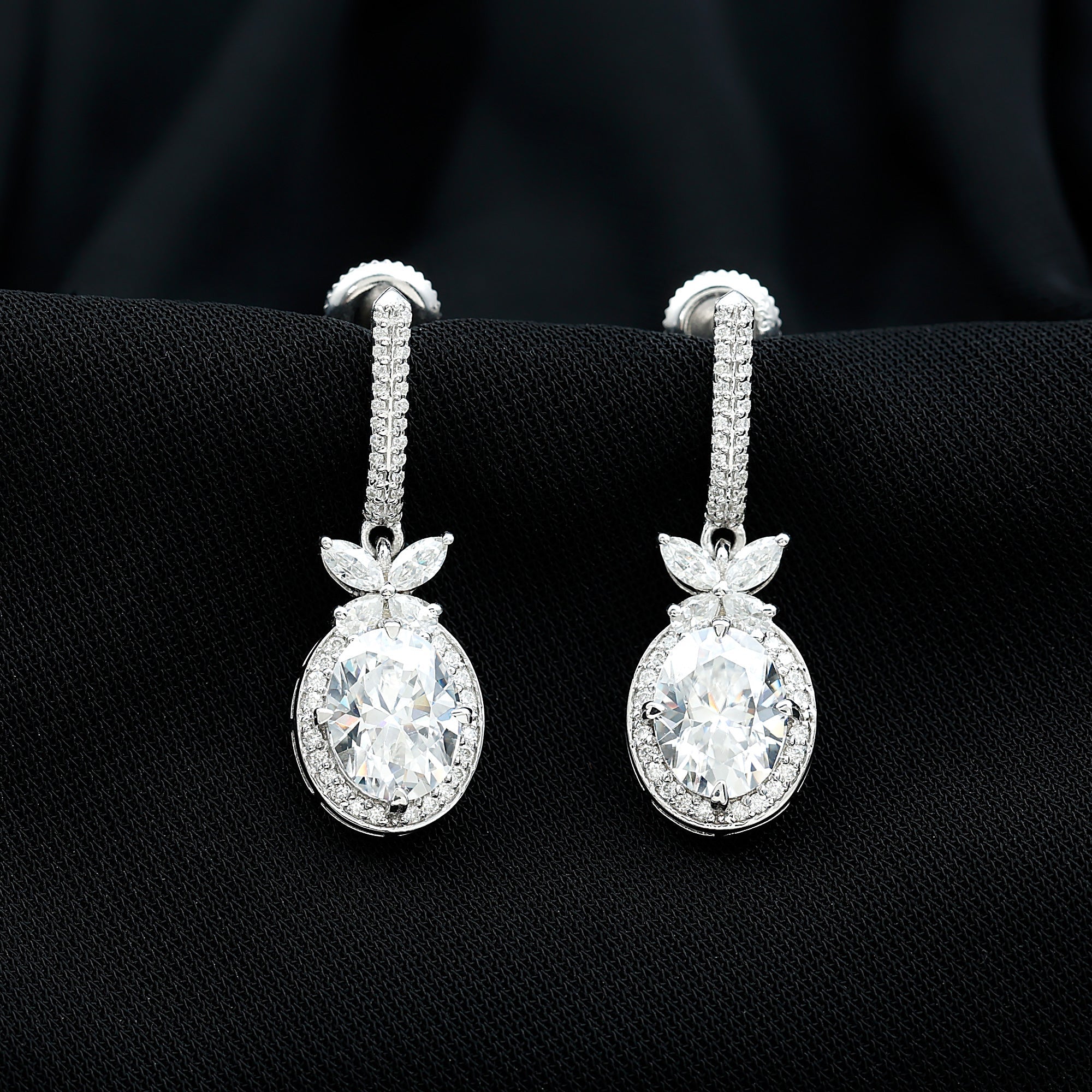Certified 7X9 MM Oval Moissanite Wedding Drop Earrings with Screw Back