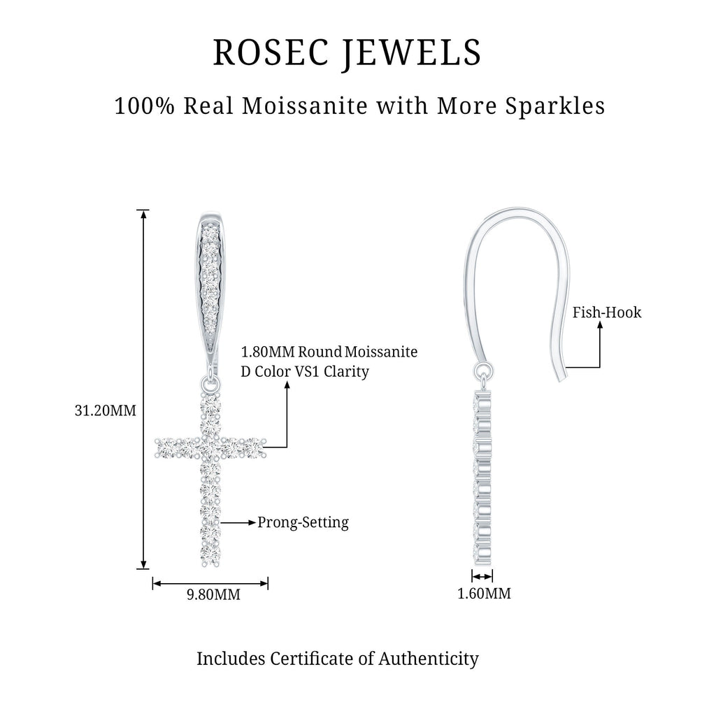 Certified Moissanite Cross Dangle Earrings in Sterling Silver