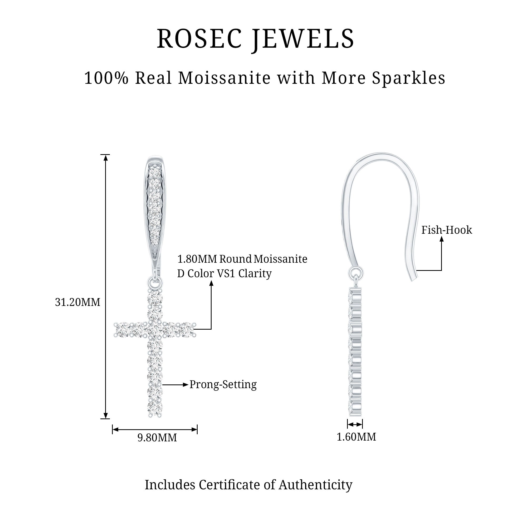 Certified Moissanite Cross Dangle Earrings in Sterling Silver