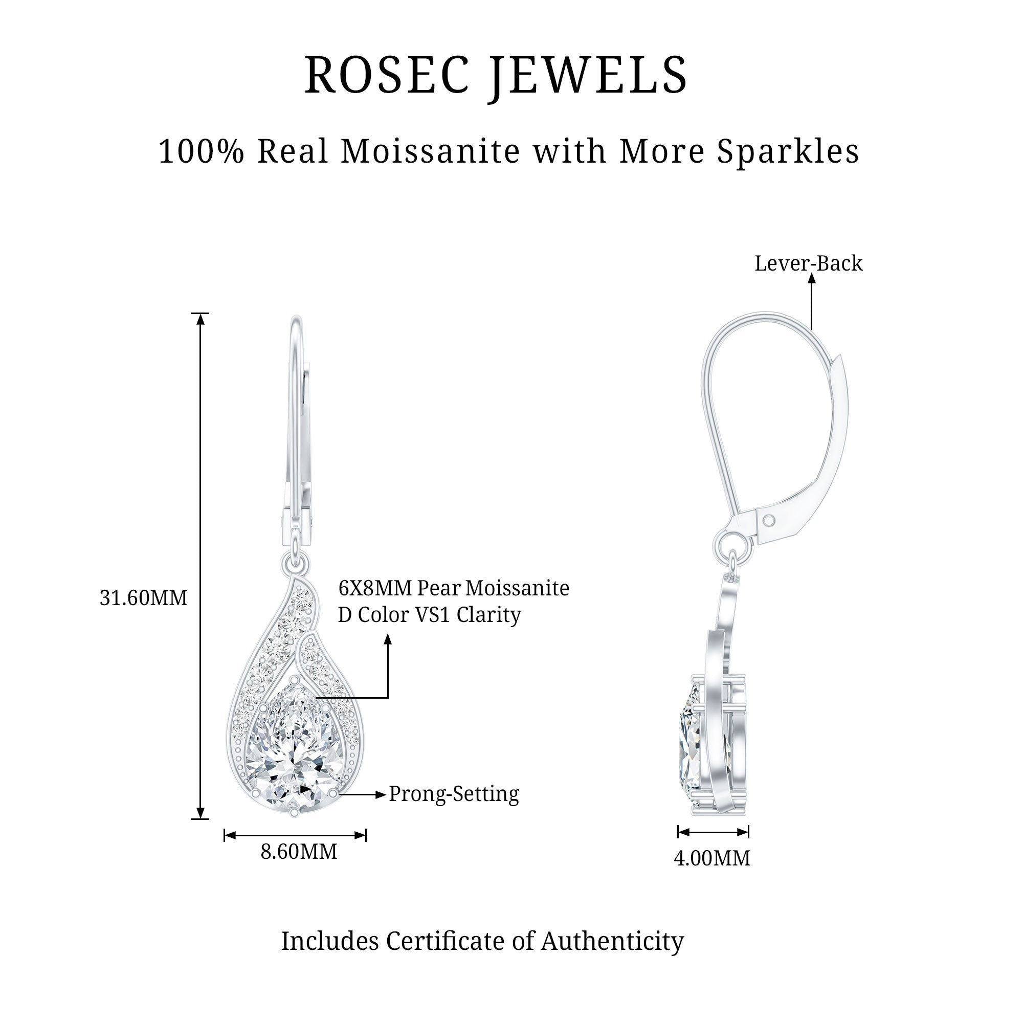 Certified Moissanite Teardrop Bridal Earrings with Leverback
