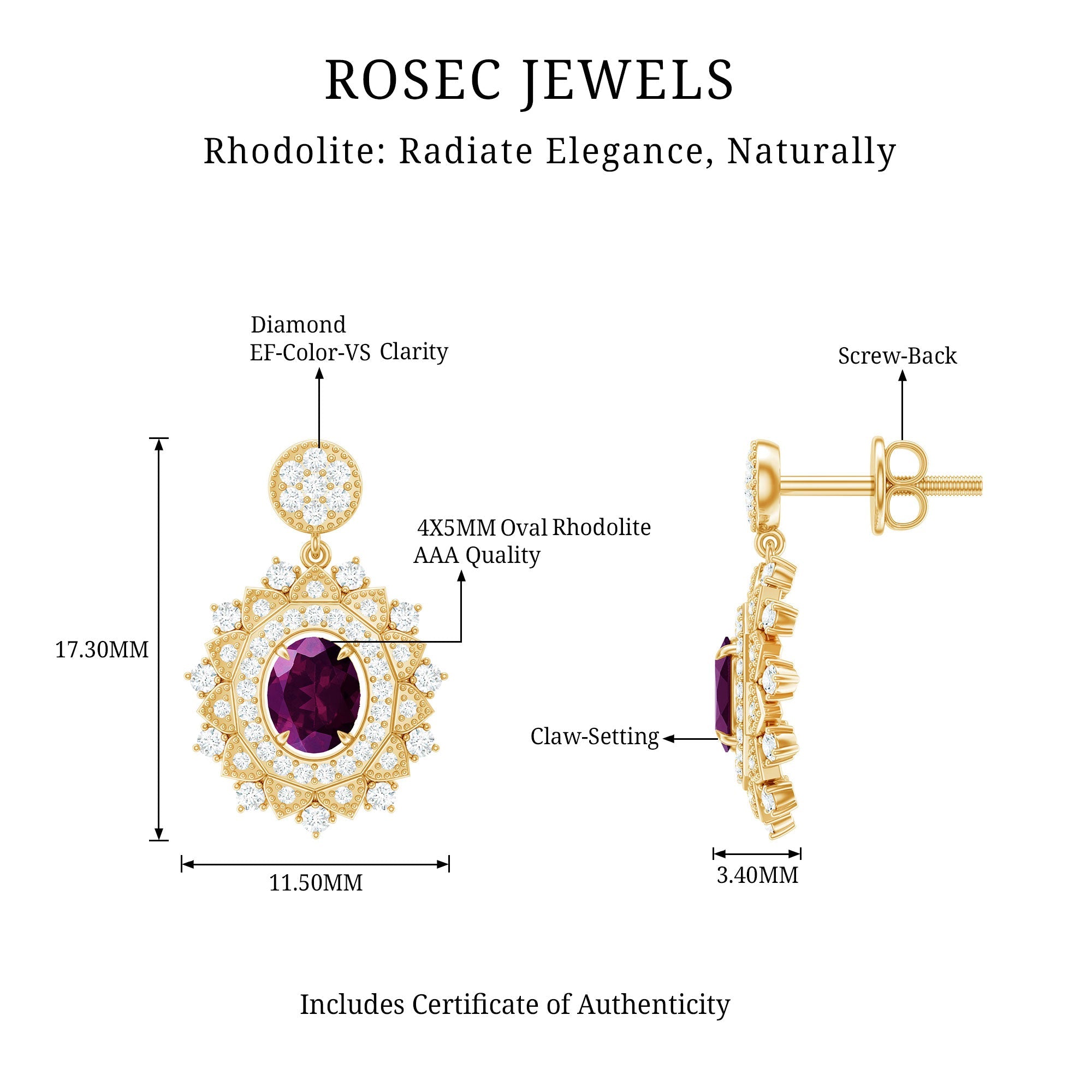 Pendientes colgantes de rodolita auténtica de 0,8 quilates con diamante cultivado para mujer
