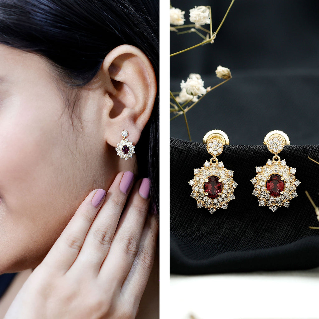 Pendientes colgantes de rodolita auténtica de 0,8 quilates con diamante cultivado para mujer