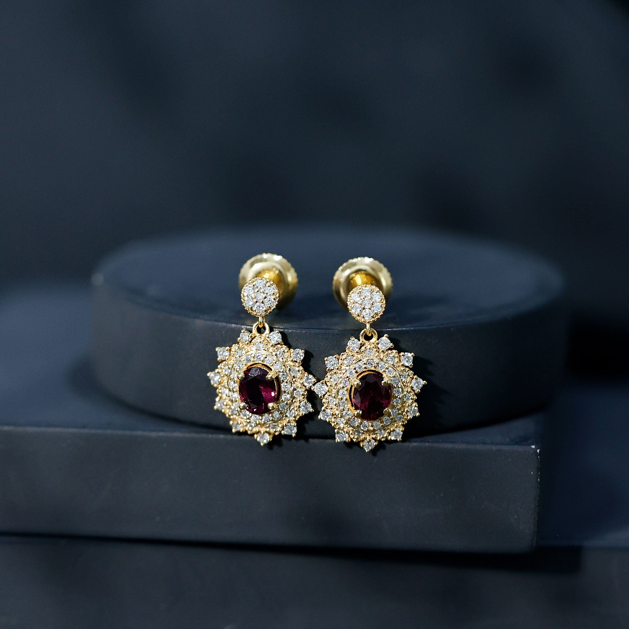 Real 0.8 Carat Rhodolite Drop Earrings with Lab Diamond for Women