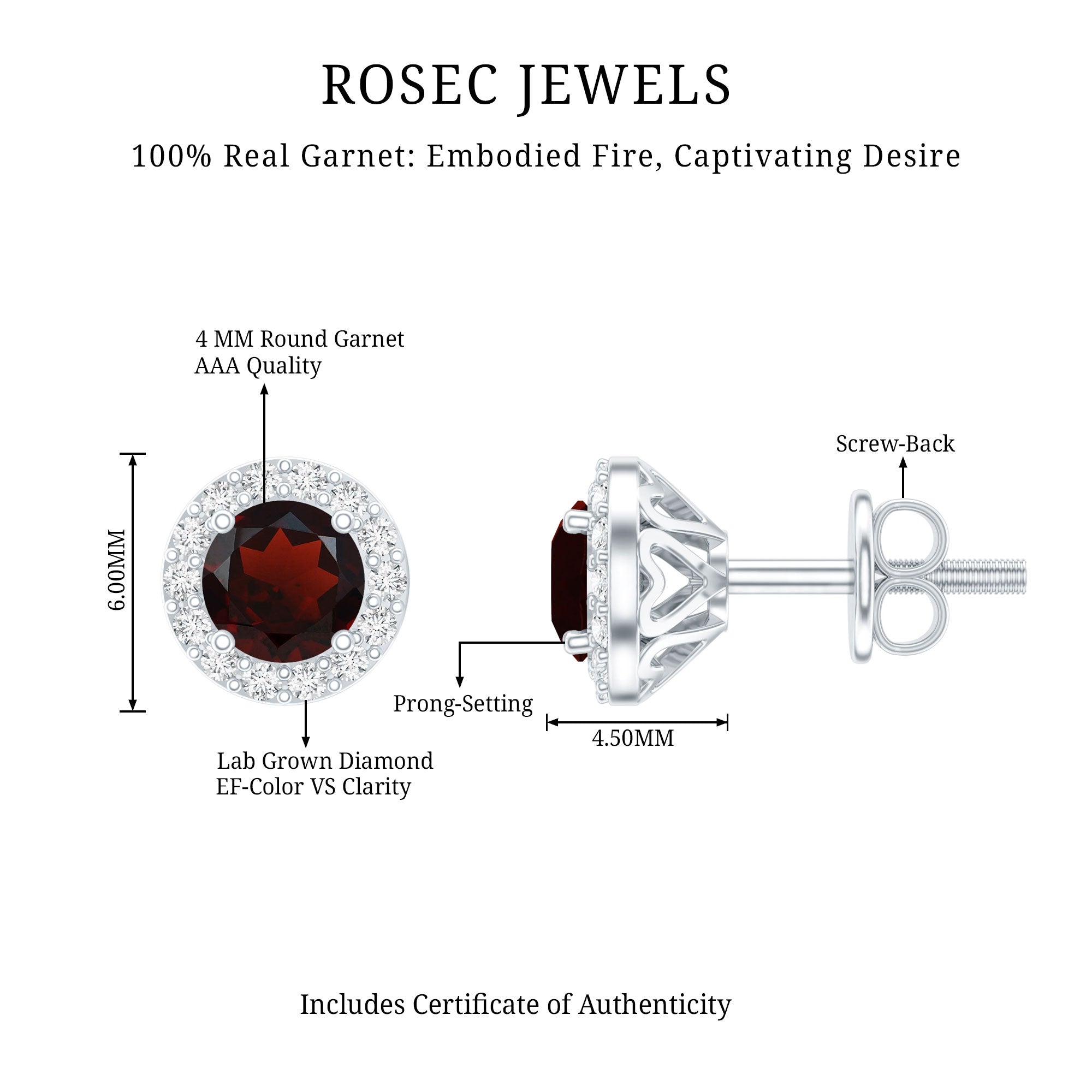 Genuine Garnet Stud Earrings with Lab Grown Diamond Halo