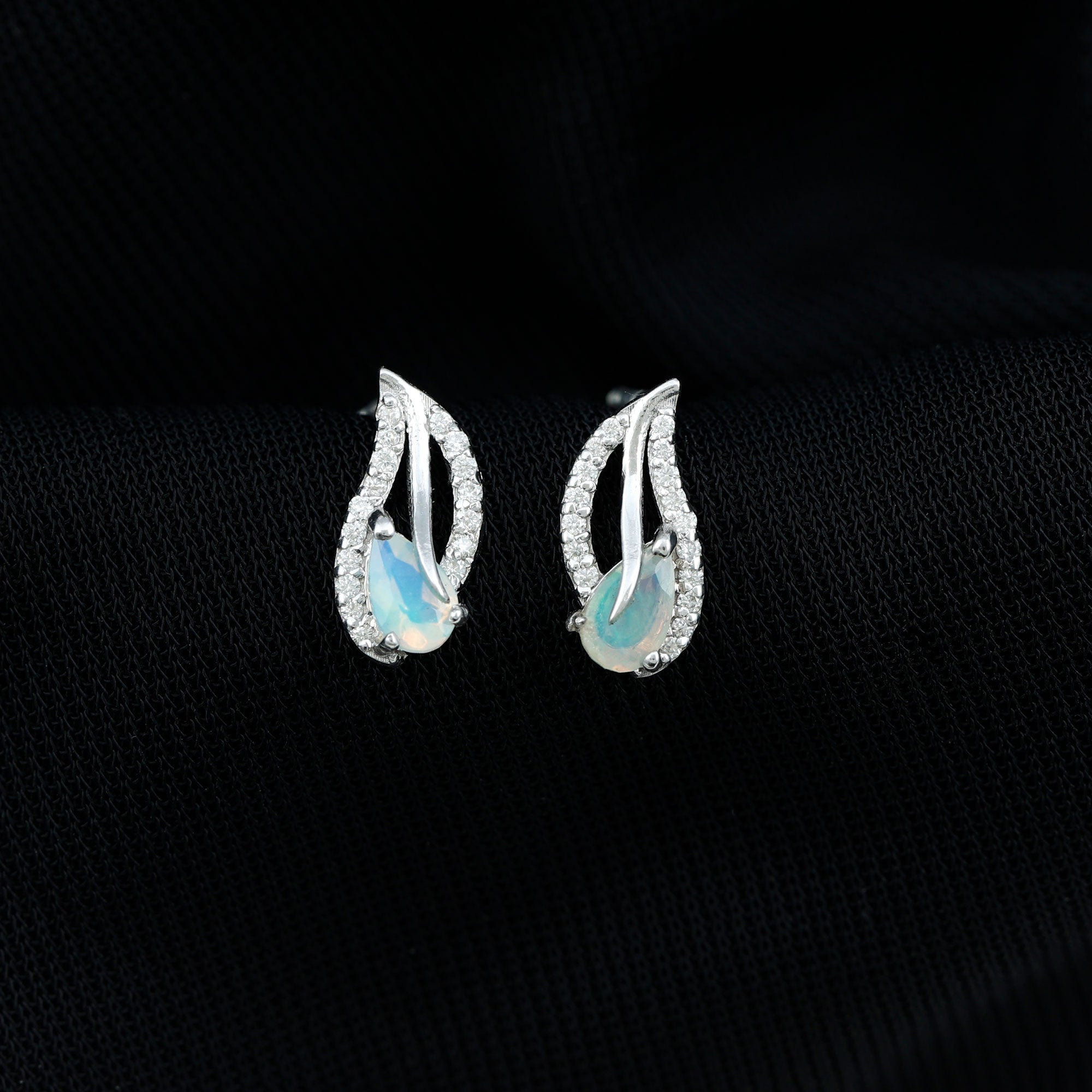 Sterling Silver Ethiopian Opal Leaf Earrings With Moissanite