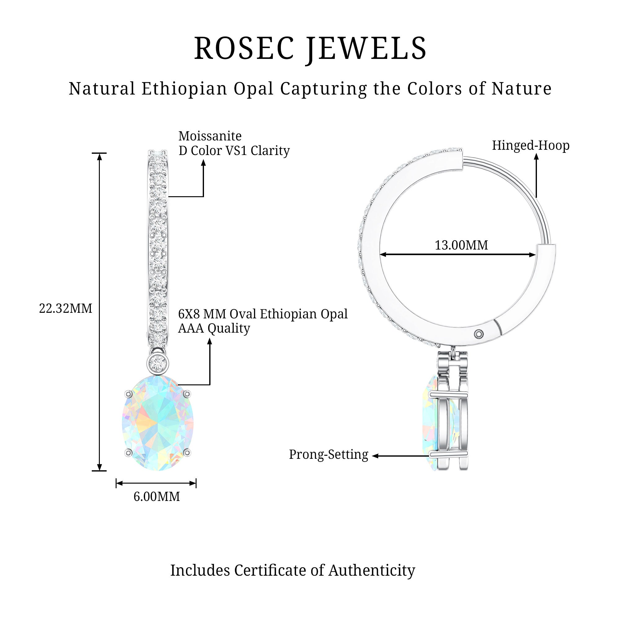 6X8 MM Oval Rainbow Opal and Moissanite Hinged Hoop Earrings