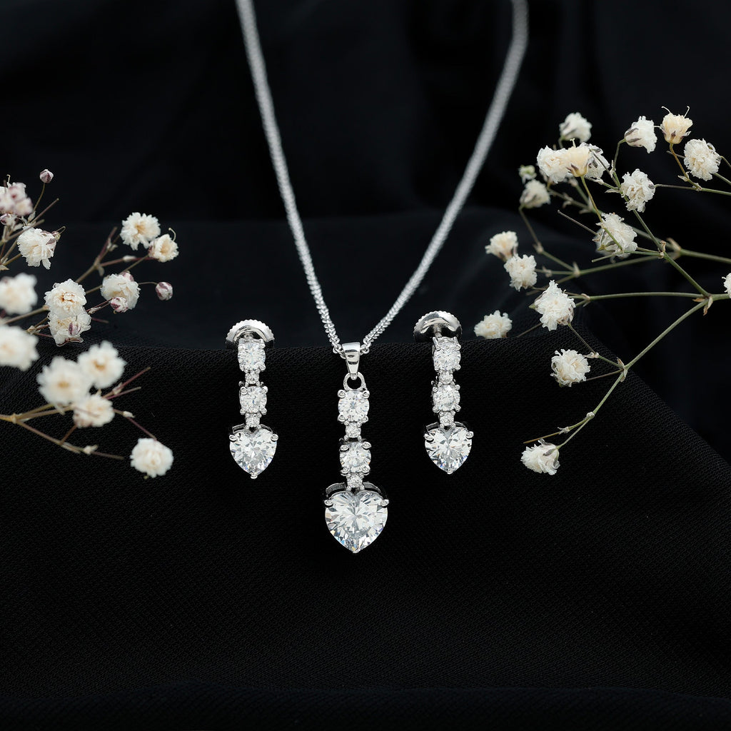 Cubic Zirconia Heart Necklace and Earrings Set in Sterling Silver