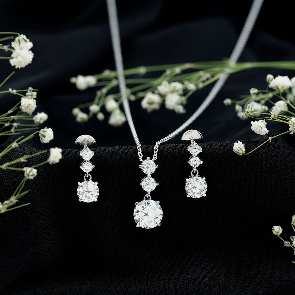 Certified Cubic Zirconia Bridal Necklace and Earrings Set in Silver