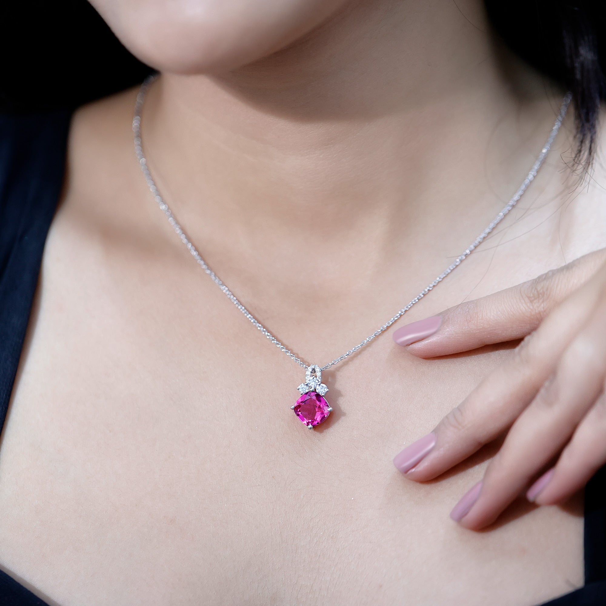 Certified 4.5 Carat Lab Created Pink Sapphire Bridal Necklace with Chain