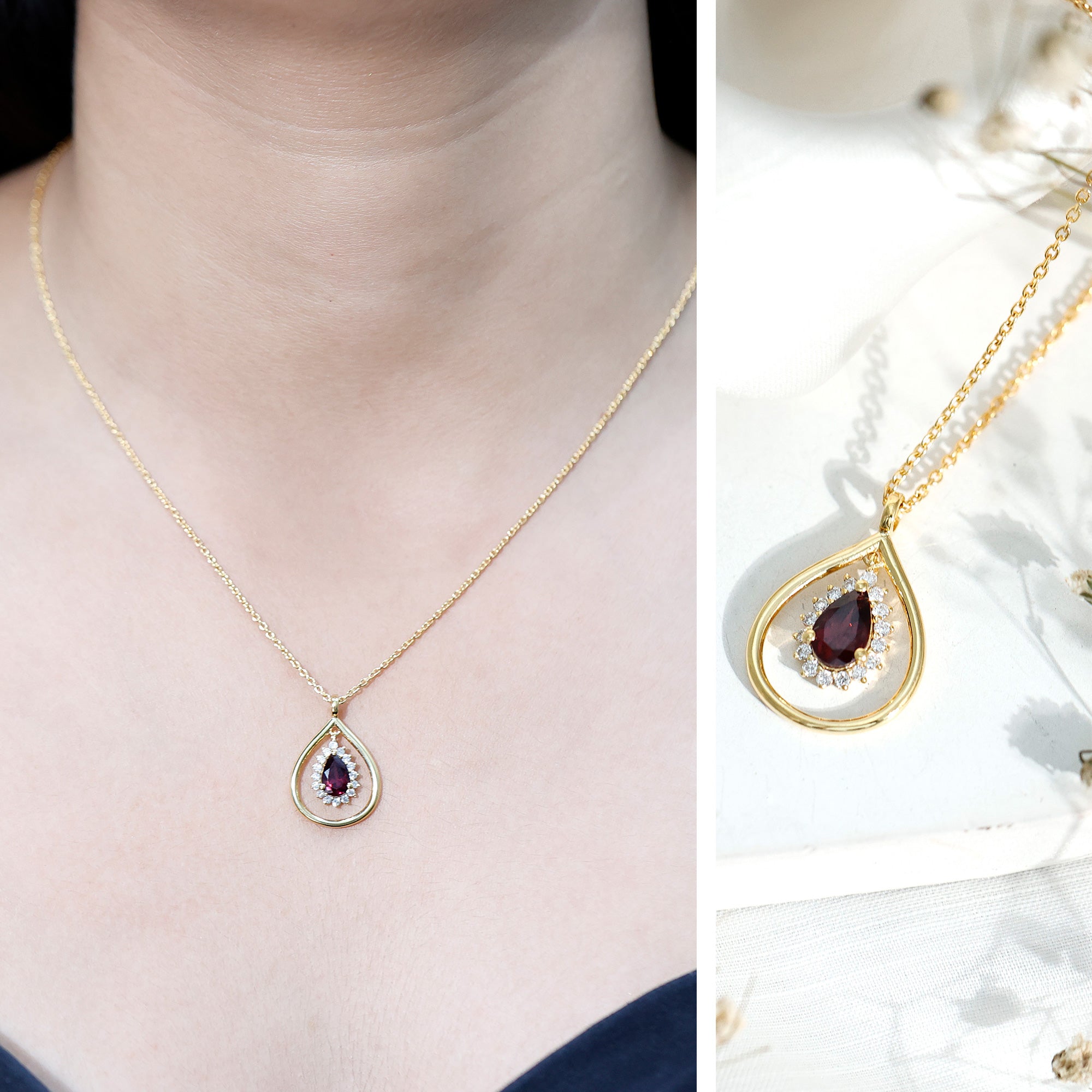 Rhodolite Garnet and Diamond Teardrop Necklace with Silver Chain