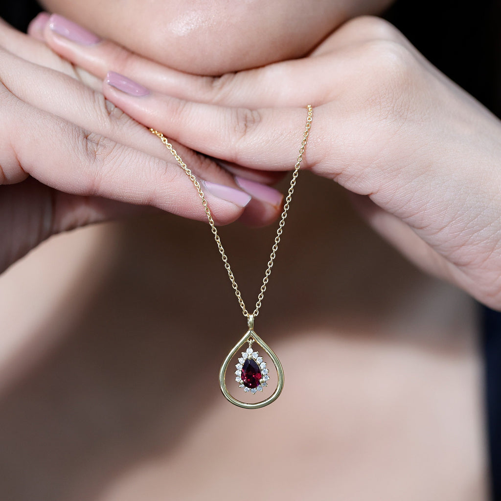 Rhodolite Garnet and Diamond Teardrop Necklace with Silver Chain