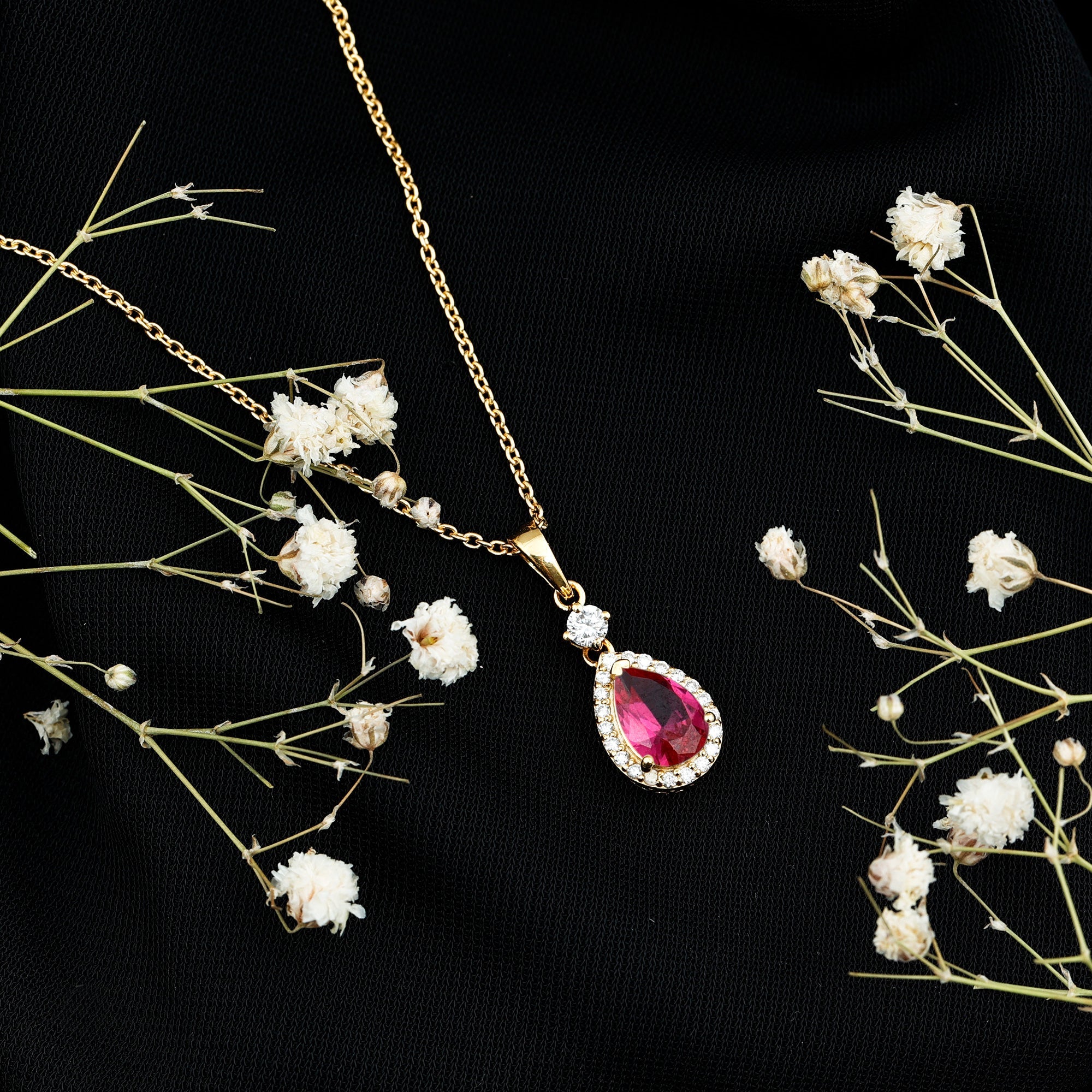 Lab Created Ruby Teardrop Necklace with Moissanite Halo