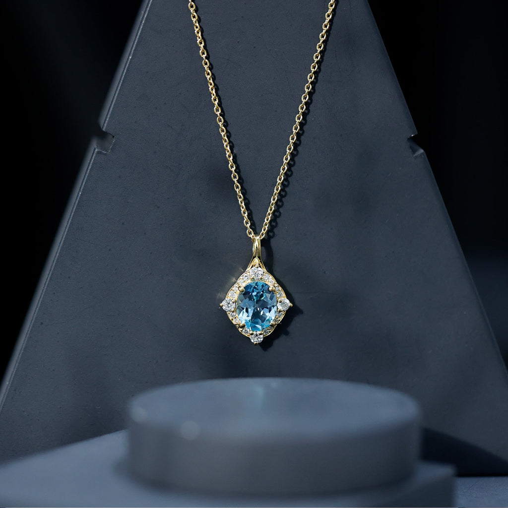 Vintage Style Sky Blue Topaz Diamond Halo Necklace