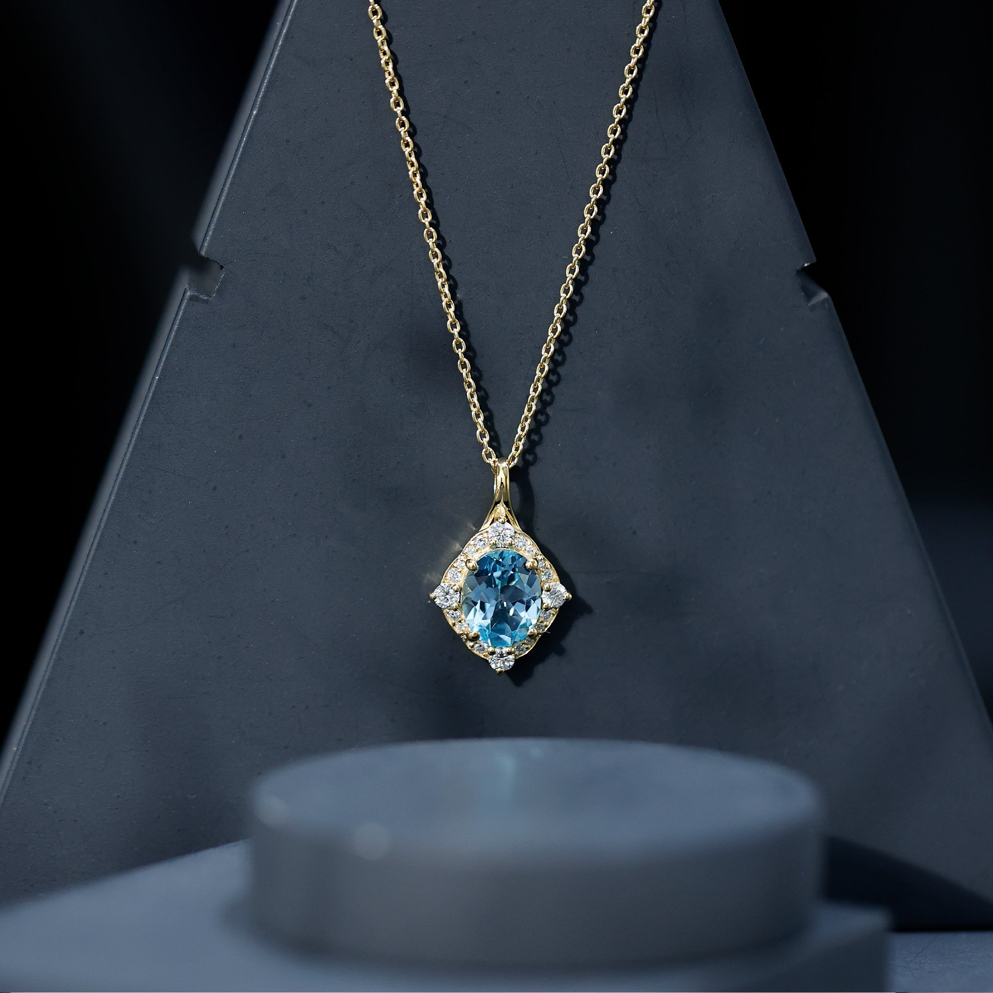 Vintage Style Sky Blue Topaz Diamond Halo Necklace