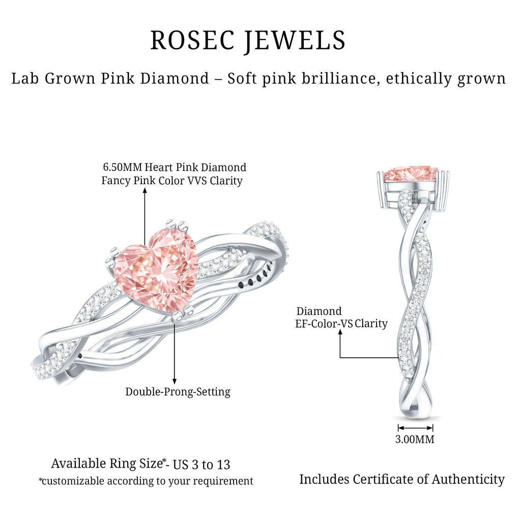 1 CT IGI Certified Lab Grown Pink Diamond Heart Engagement Ring with Crossover Shank