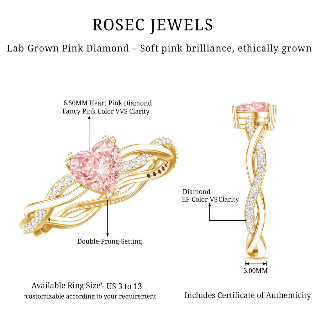 1 CT IGI Certified Lab Grown Pink Diamond Heart Engagement Ring with Crossover Shank