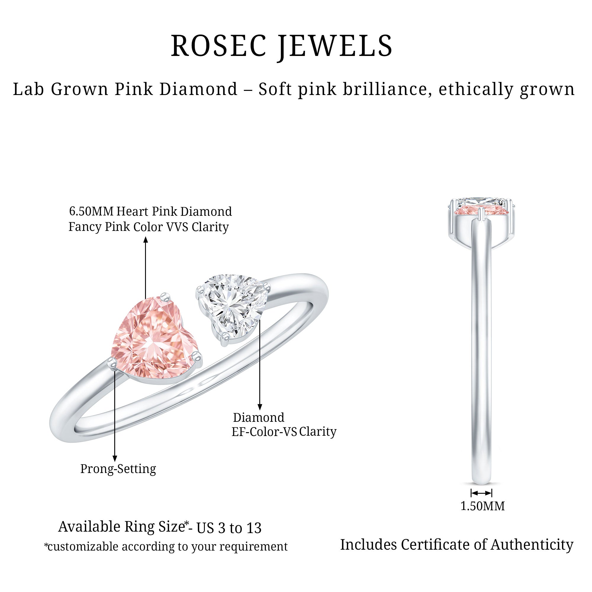 Heart Shape Lab Grown Pink White Diamond Toi Et Moi Promise Ring with IGI Certificate