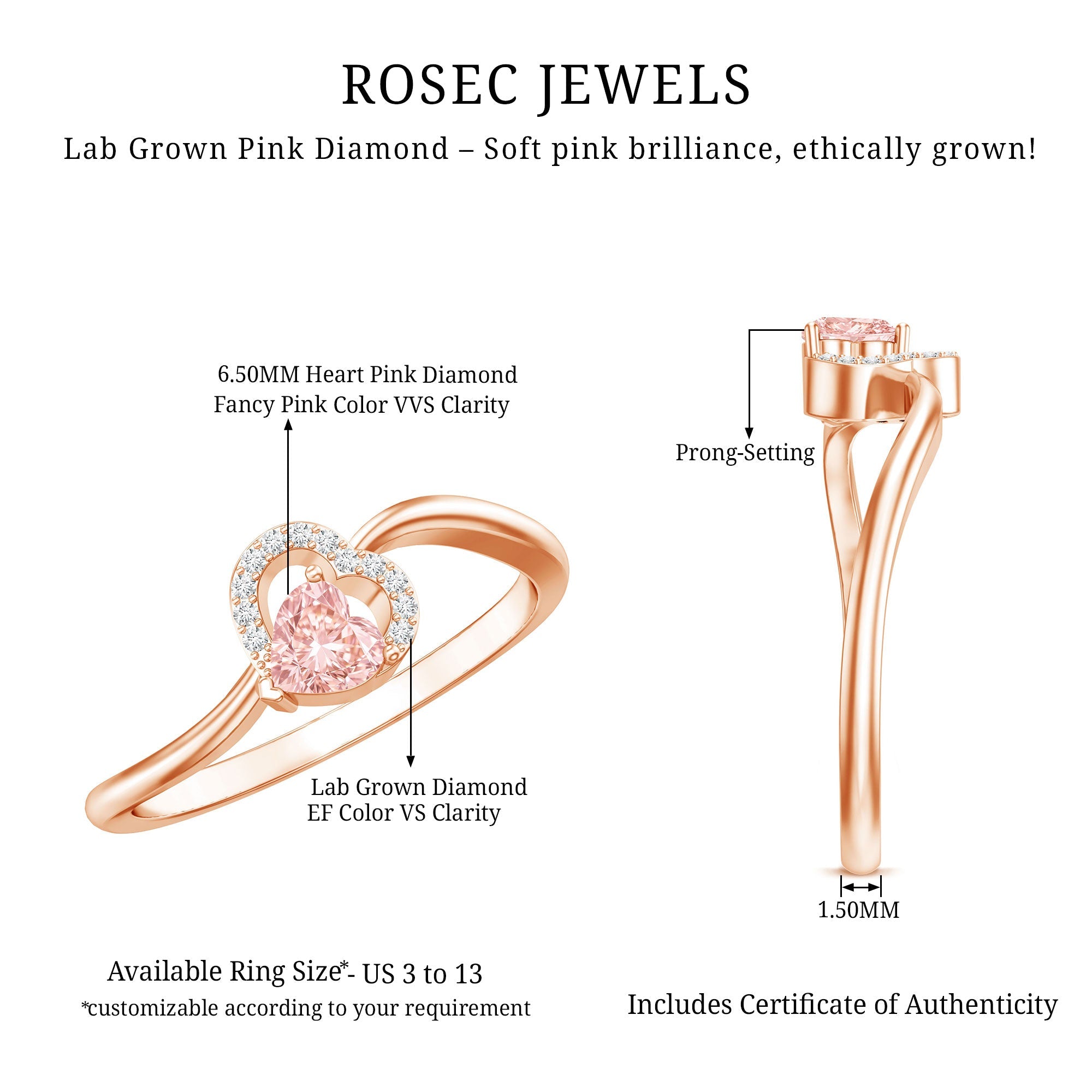 IGI Certified Lab Grown Pink Diamond Heart Promise Ring with Twisted Band