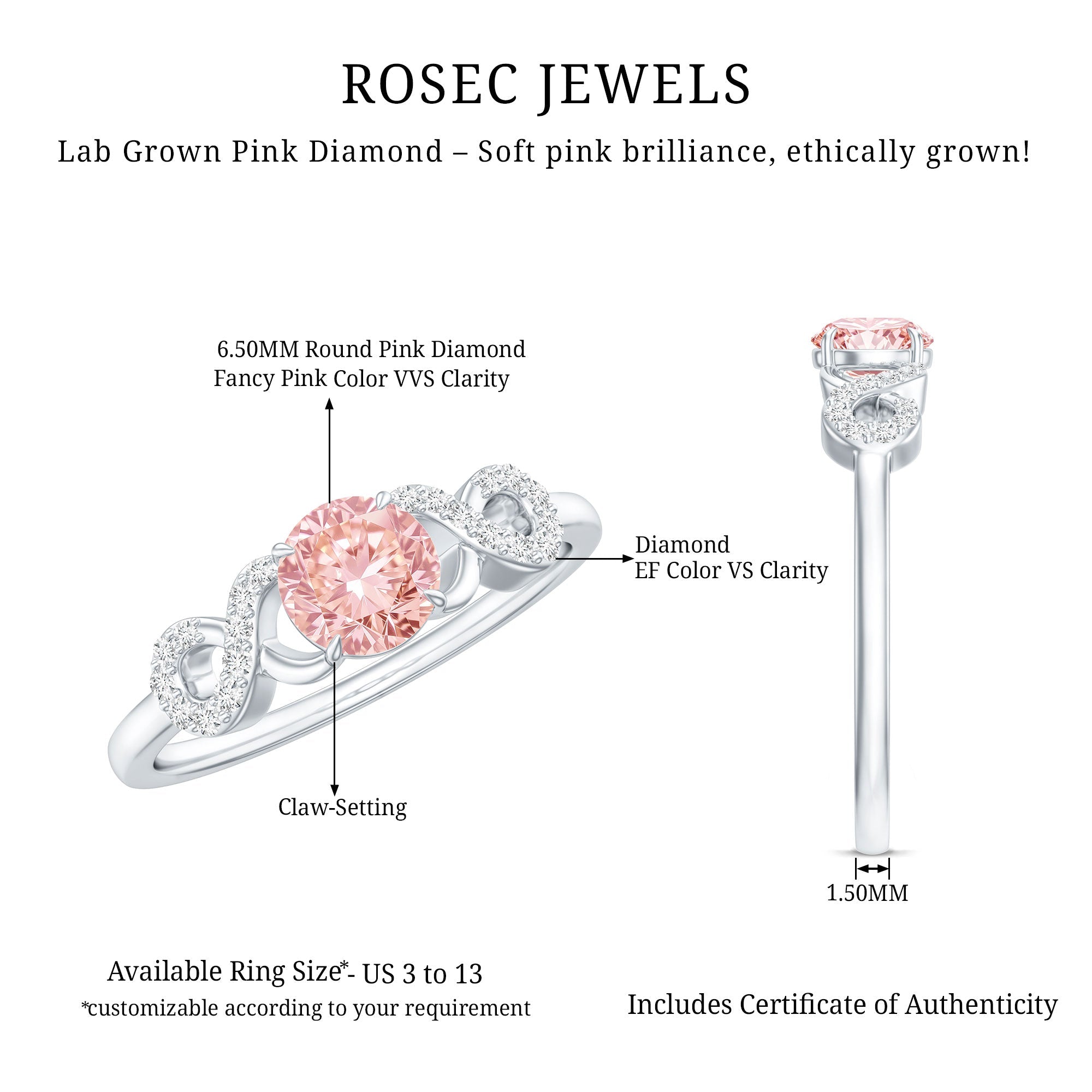 IGI Certified Lab Grown Pink Diamond Infinity Engagement Ring
