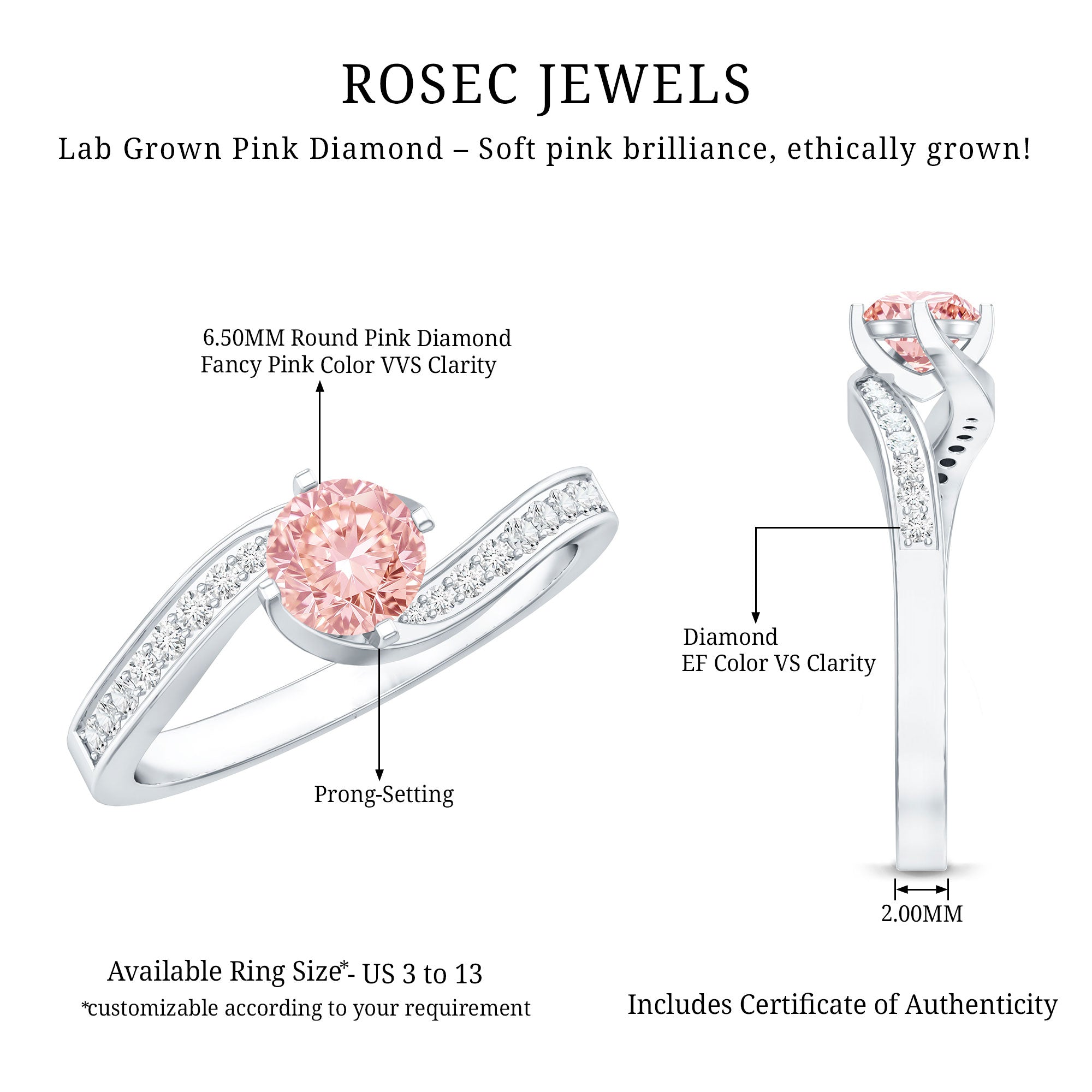 Lab Grown Pink Diamond Bypass Engagement Ring with IGI Certificate