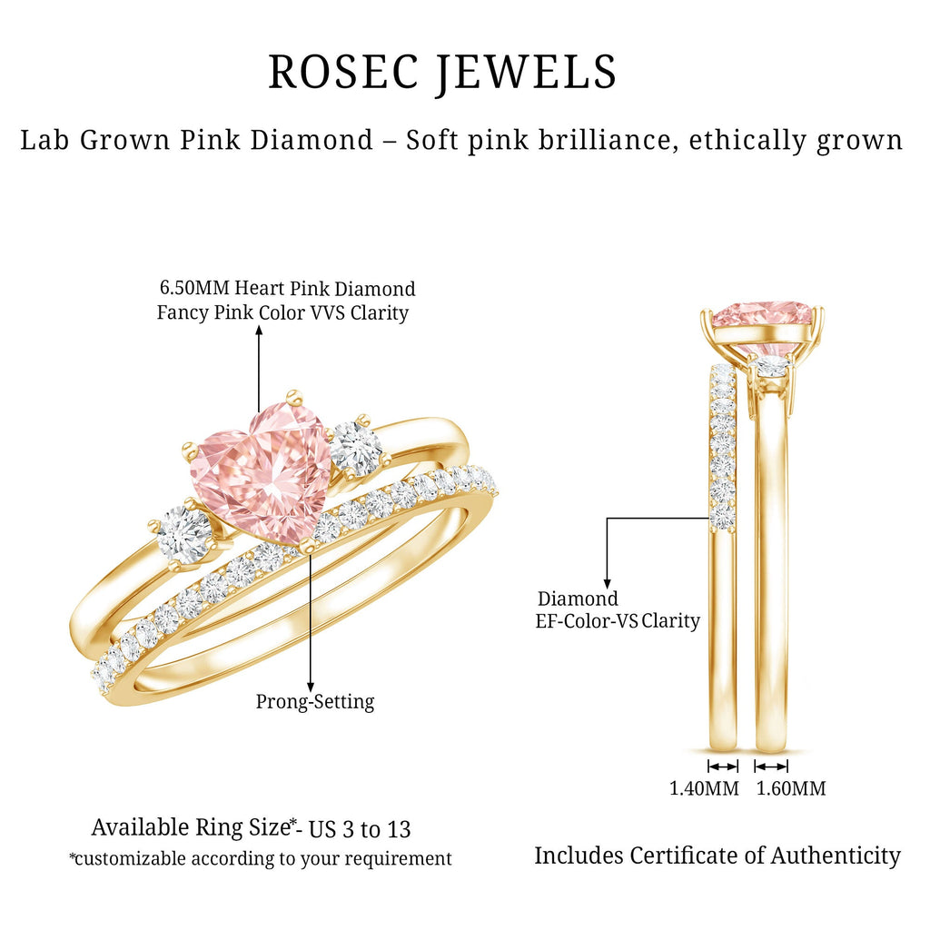 IGI Certified Lab Grown Pink Heart Engagement Ring With Diamond Wedding Band