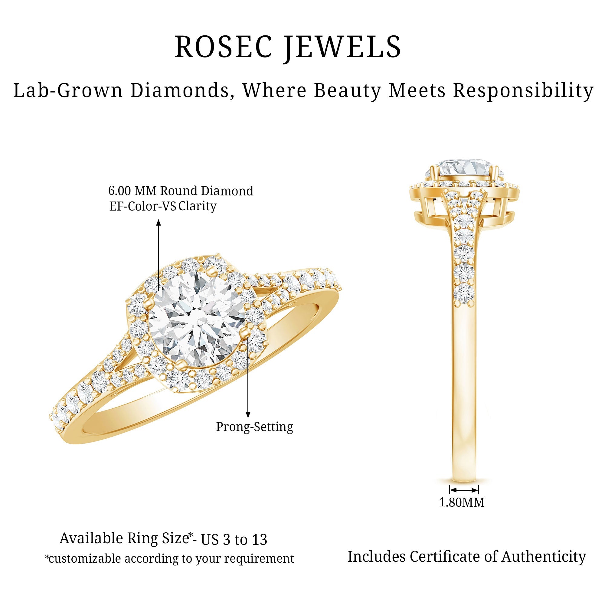 IGI Certified 1 Carat Lab Grown Diamond Halo Engagement Ring for Women