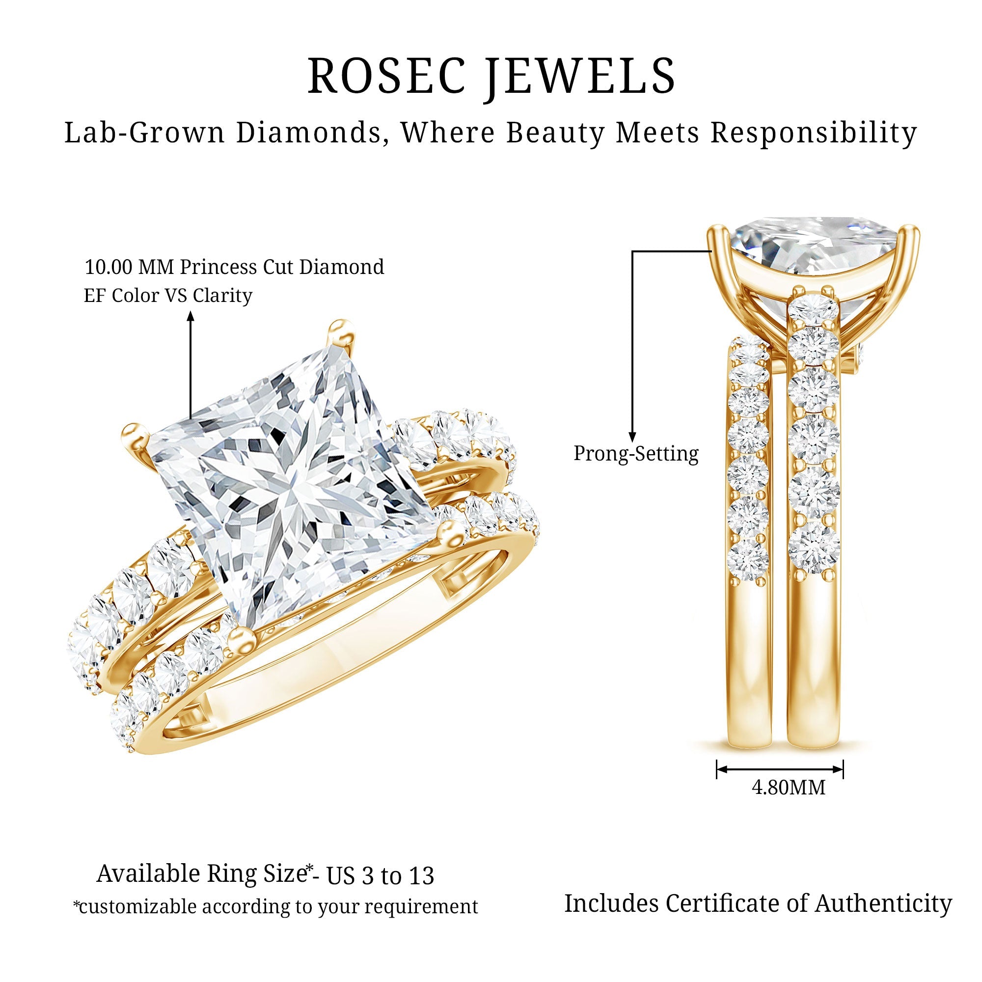 5 Carat IGI Certified Princess Cut Lab Diamond Engagement Ring with Band