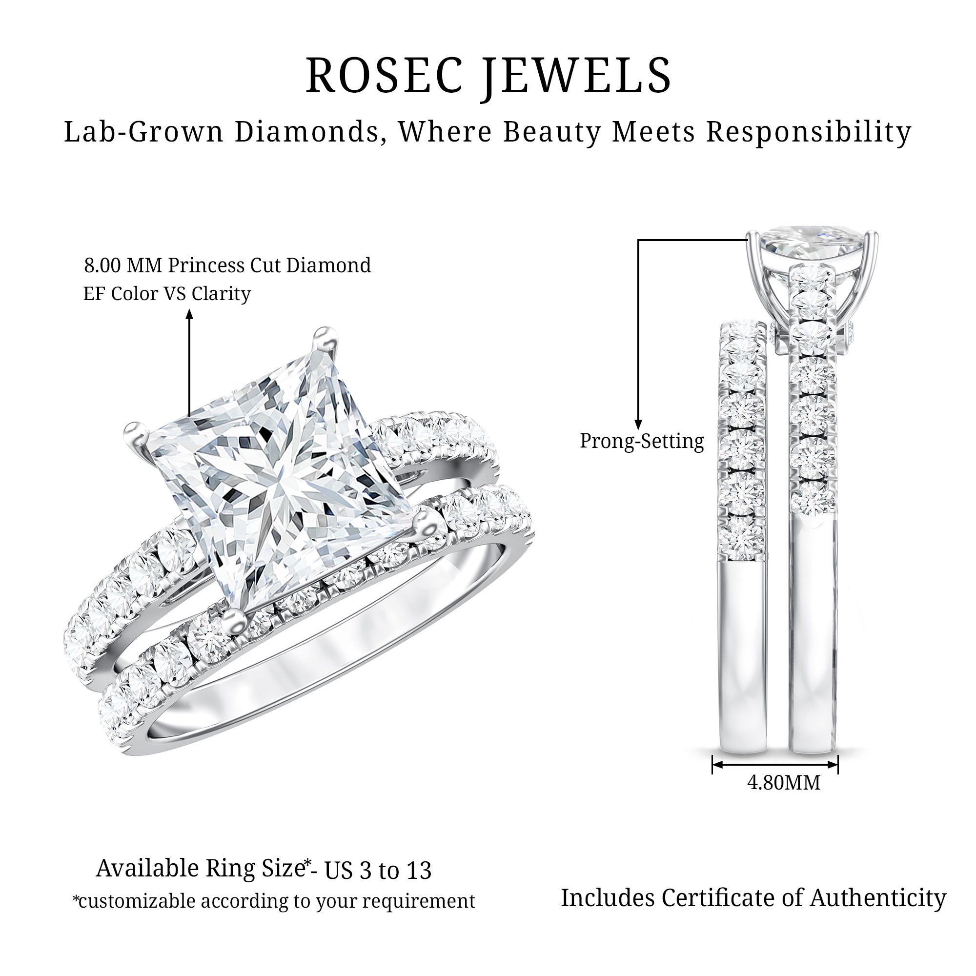 IGI Certified 3 Carat Princess Cut Lab Grown Diamond Wedding Ring Set