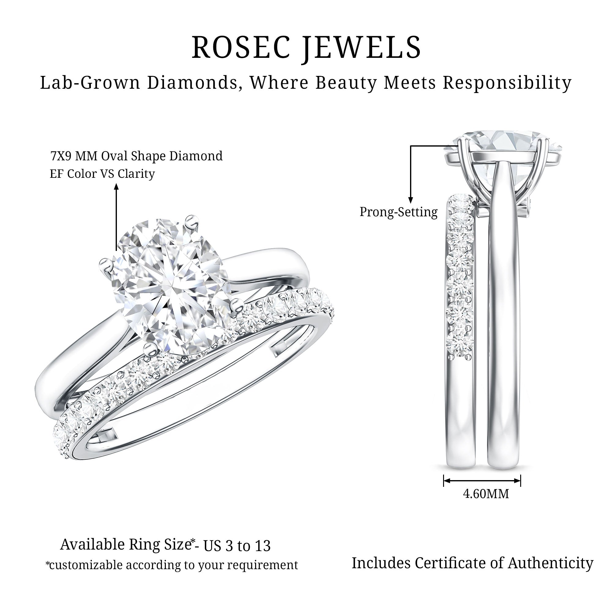 IGI Certified 2 Carat Oval Lab Grown Diamond Bridal Ring Set of 2