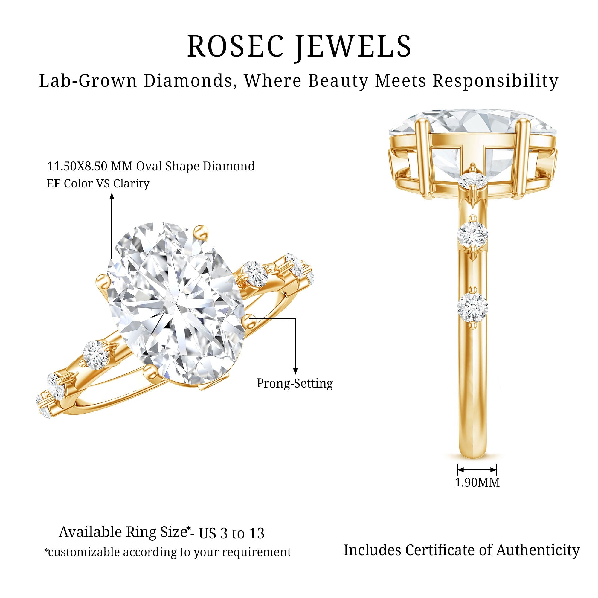 3 Carat Oval Lab Grown Diamond Solitaire Engagement Ring with IGI Certificate
