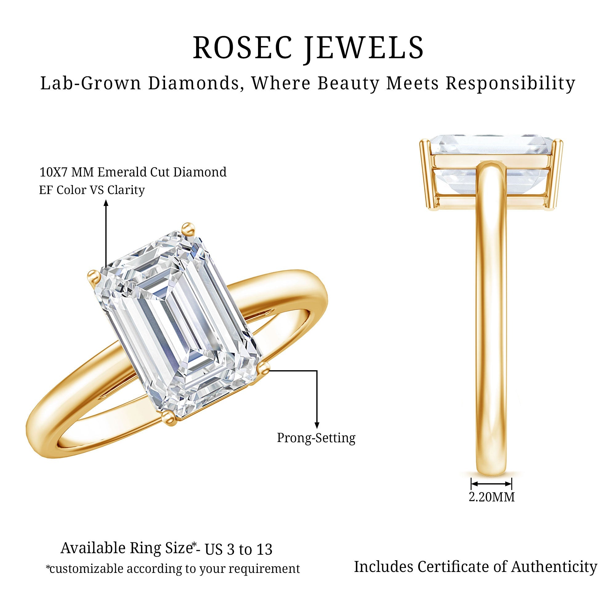 IGI Certified Emerald Cut Lab Grown Diamond 3 Carat Engagement Ring