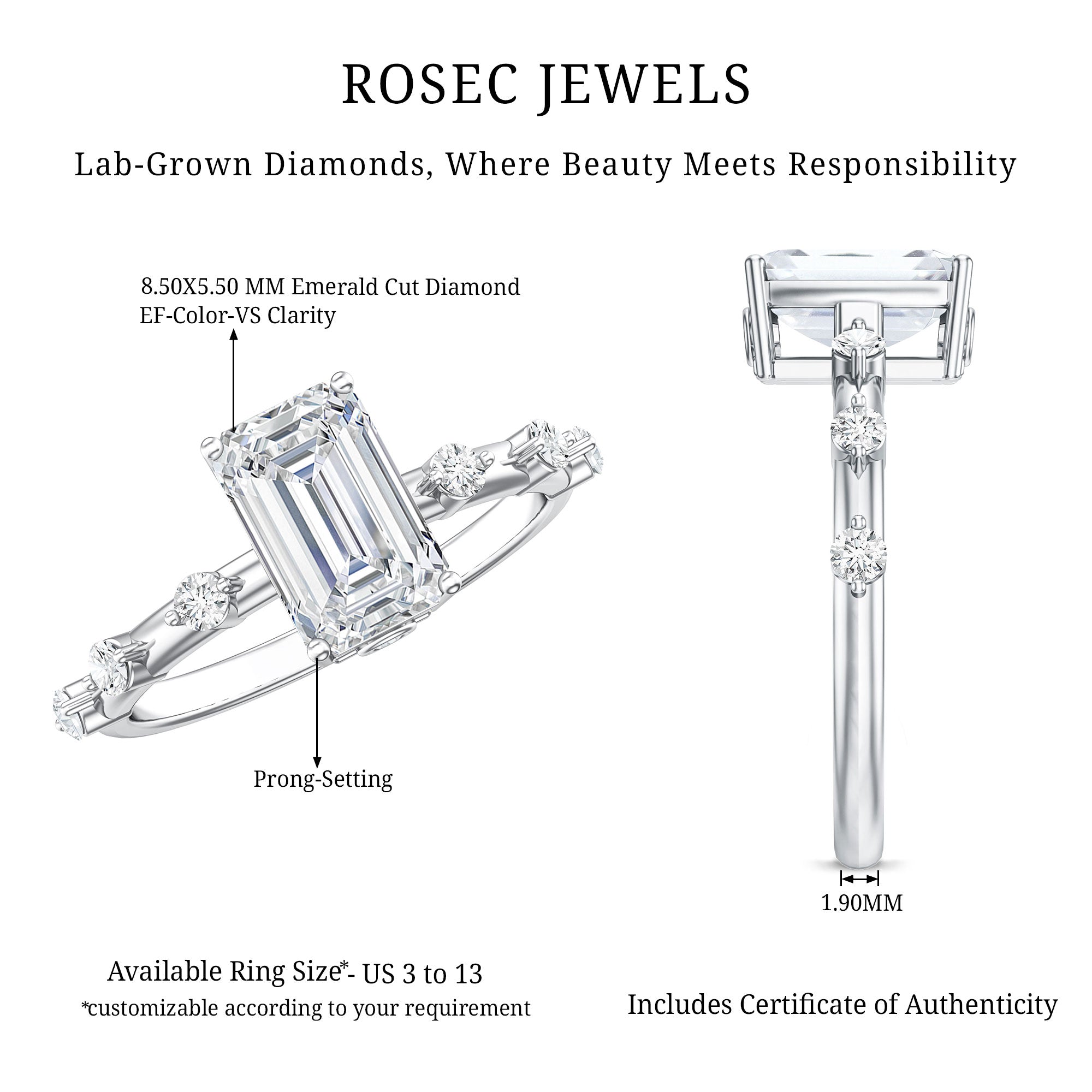 Emerald Cut 2 Carat Lab Grown Diamond Engagement Ring IGI Certified