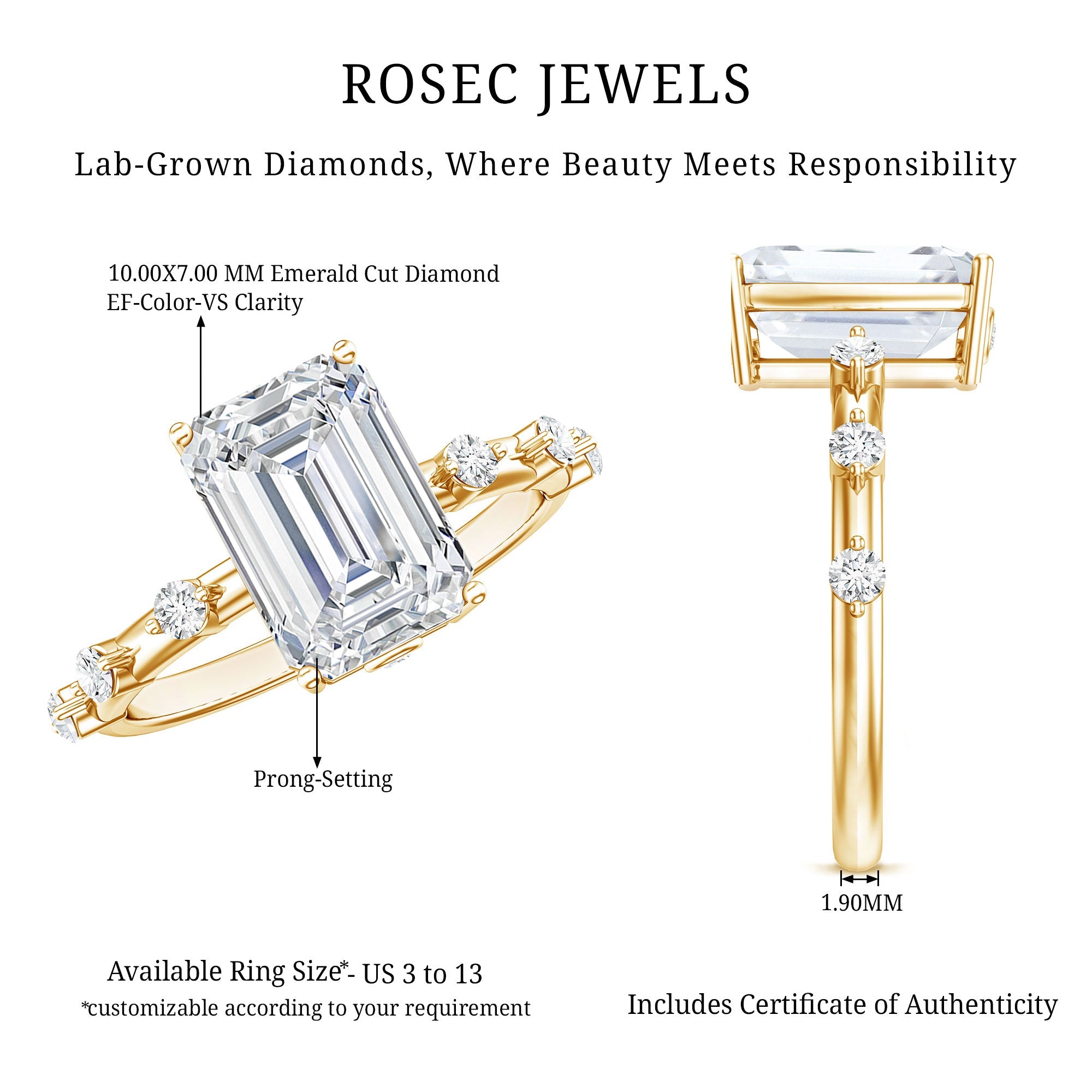IGI Certified 3 Carat Emerald Cut Lab Grown Diamond Engagement Ring