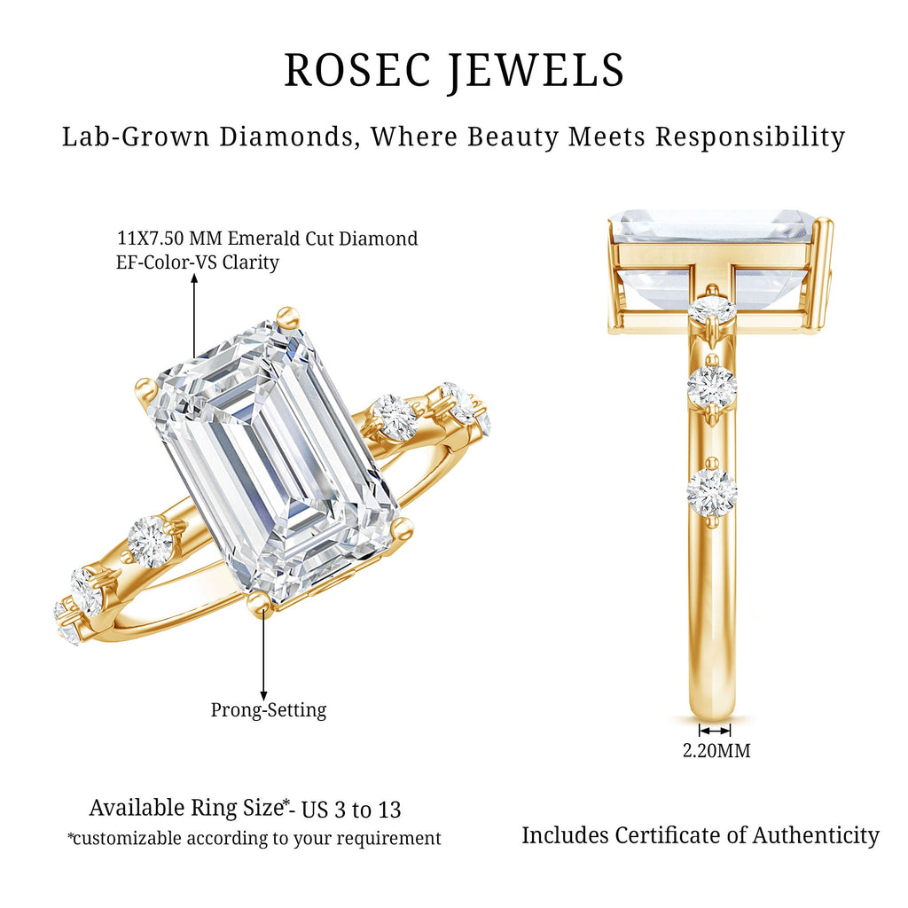 IGI Certified 4 Carat Lab Grown Emerald Cut Diamond Engagement Ring with Spaced Accent