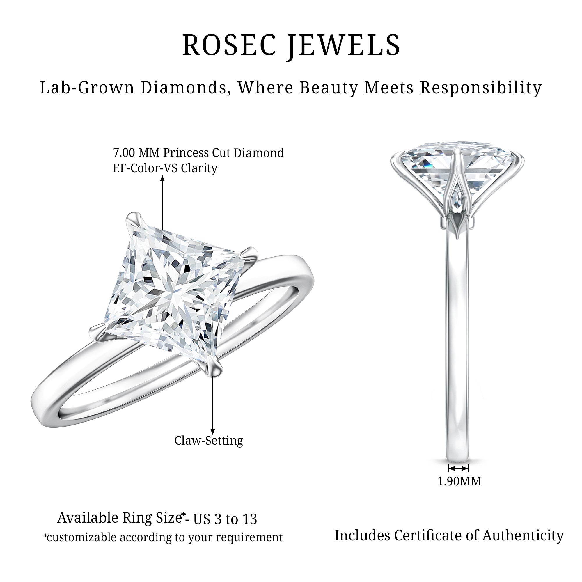 Solitaire 2 Carat Lab Grown Diamond Princess Cut Engagement Ring IGI Certified
